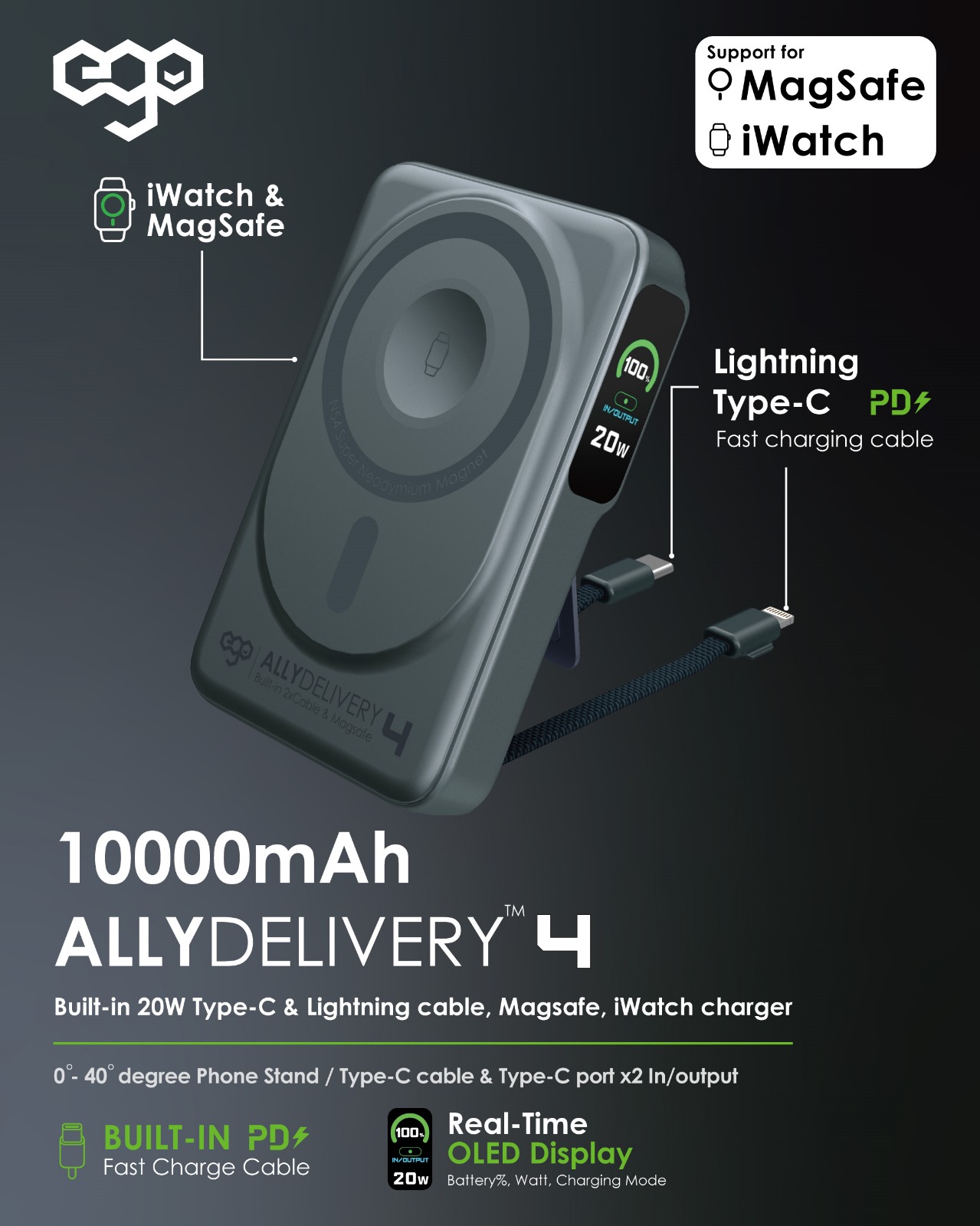 EGO ALLYDELIVERY 4 10000mAh 6合1多功能行動電源，內建Type-C和Lightning充電線，支援MagSafe和iWatch充電