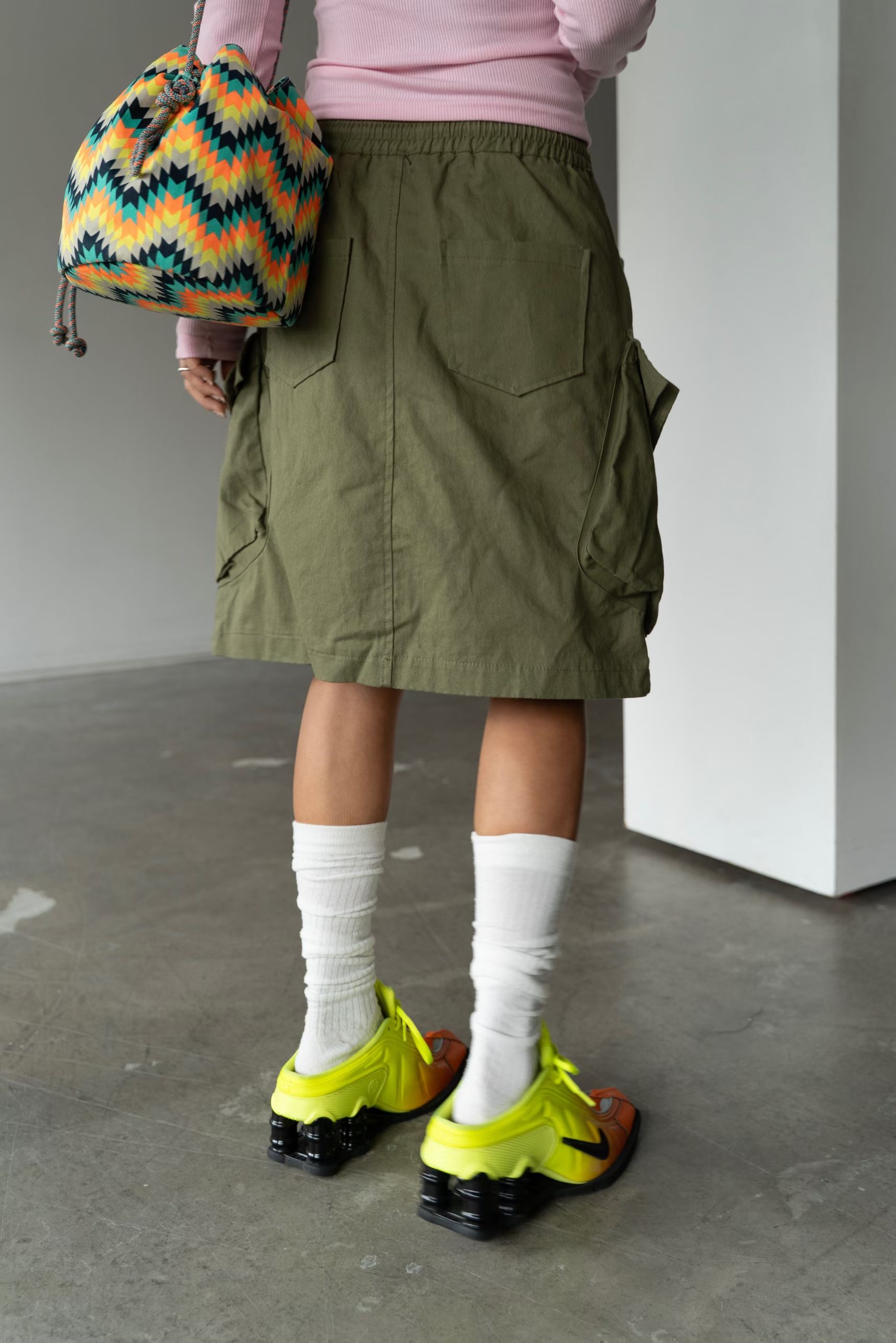 橡筋腰斜布工裝短裙