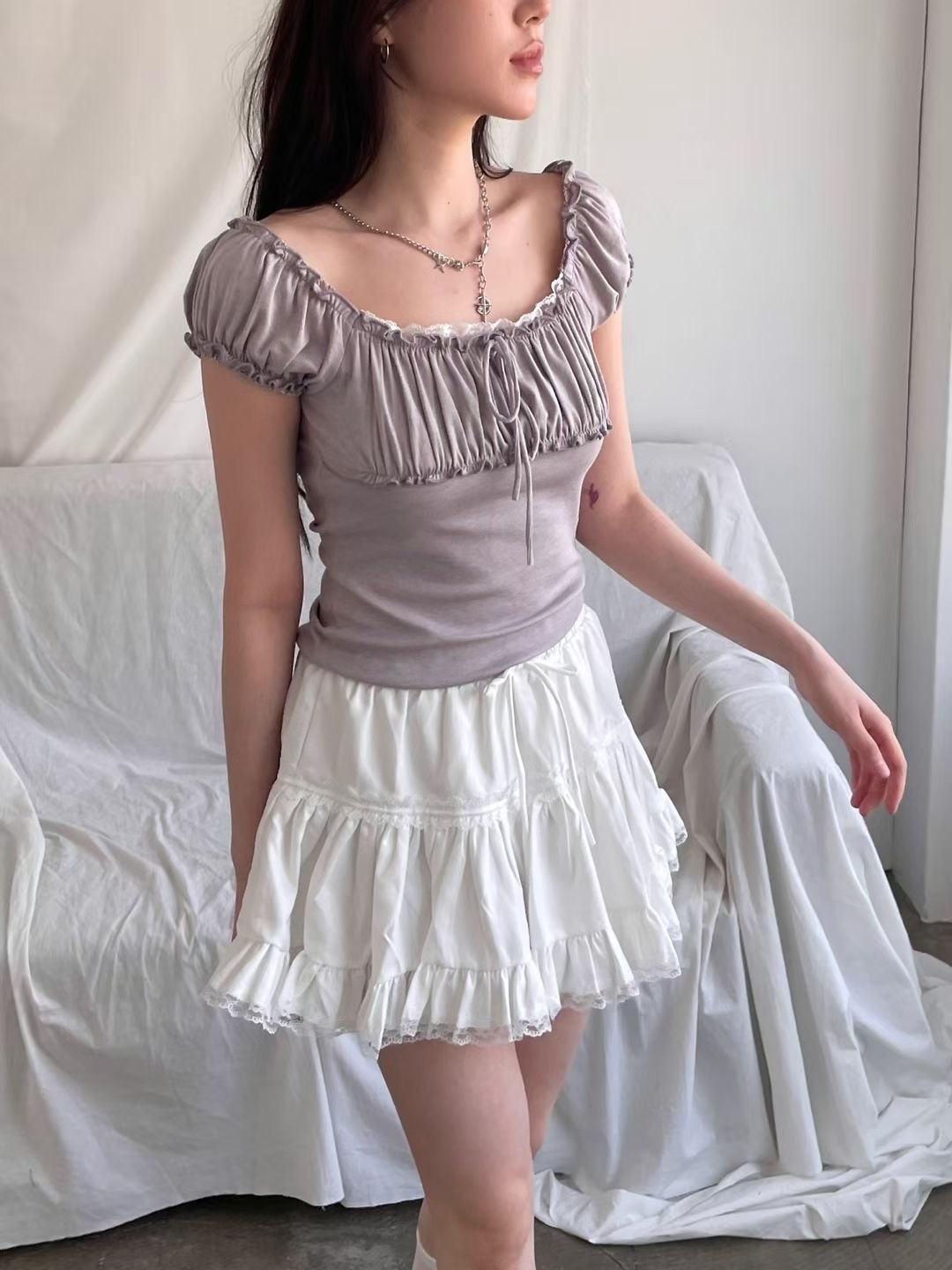  【 香芋紫Pick🥛💜甜酷兼備～LACE拼波浪邊兩著上衣💭 】 Chiffon 2-way Ruffle Top(三色入)