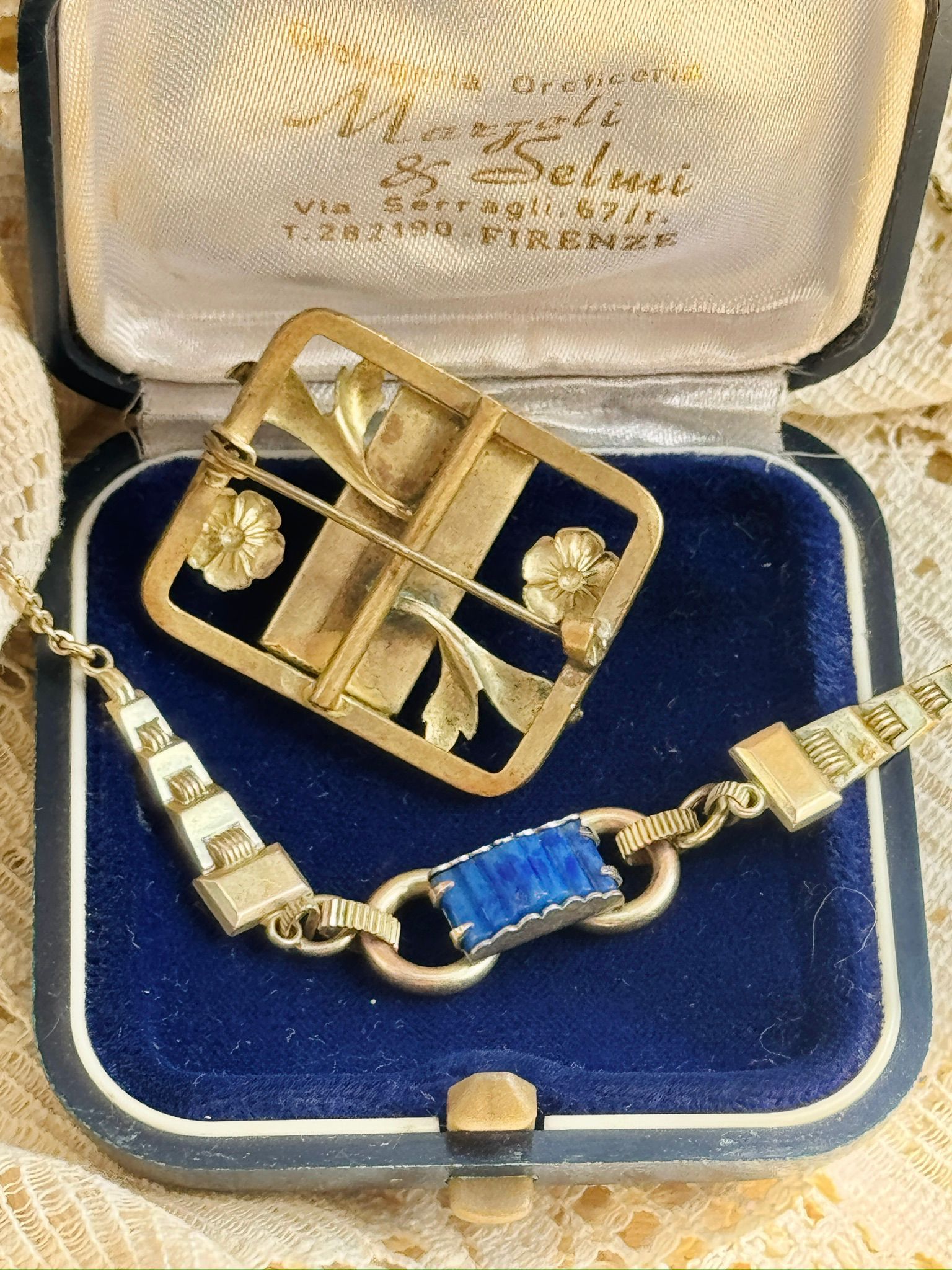 復古風格藍色裝飾胸針及項鍊套組，附原裝盒