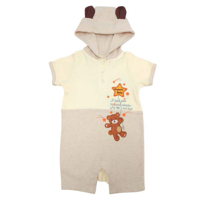 Trendyvalley Organic Cotton Baby Short Sleeve Short Pant Baby Romper With Hoodie (Bear)