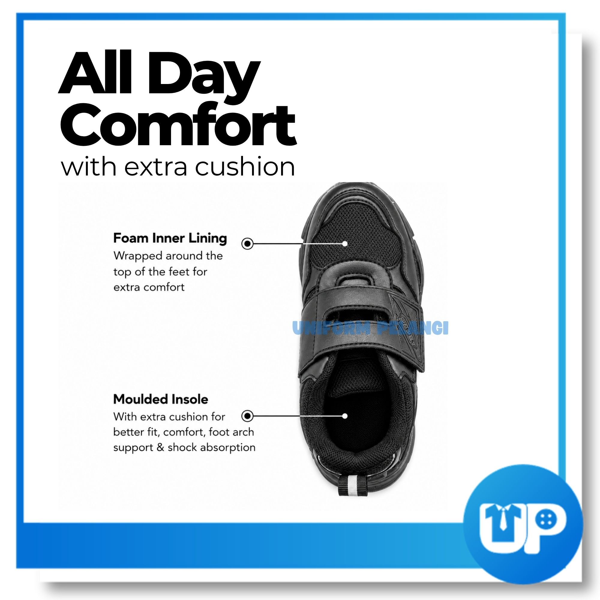 ABARO Kasut Sekolah Hitam Velcro Strap Mesh Material Lightweight Sekolah Soft Cushion Shoe (2817N)