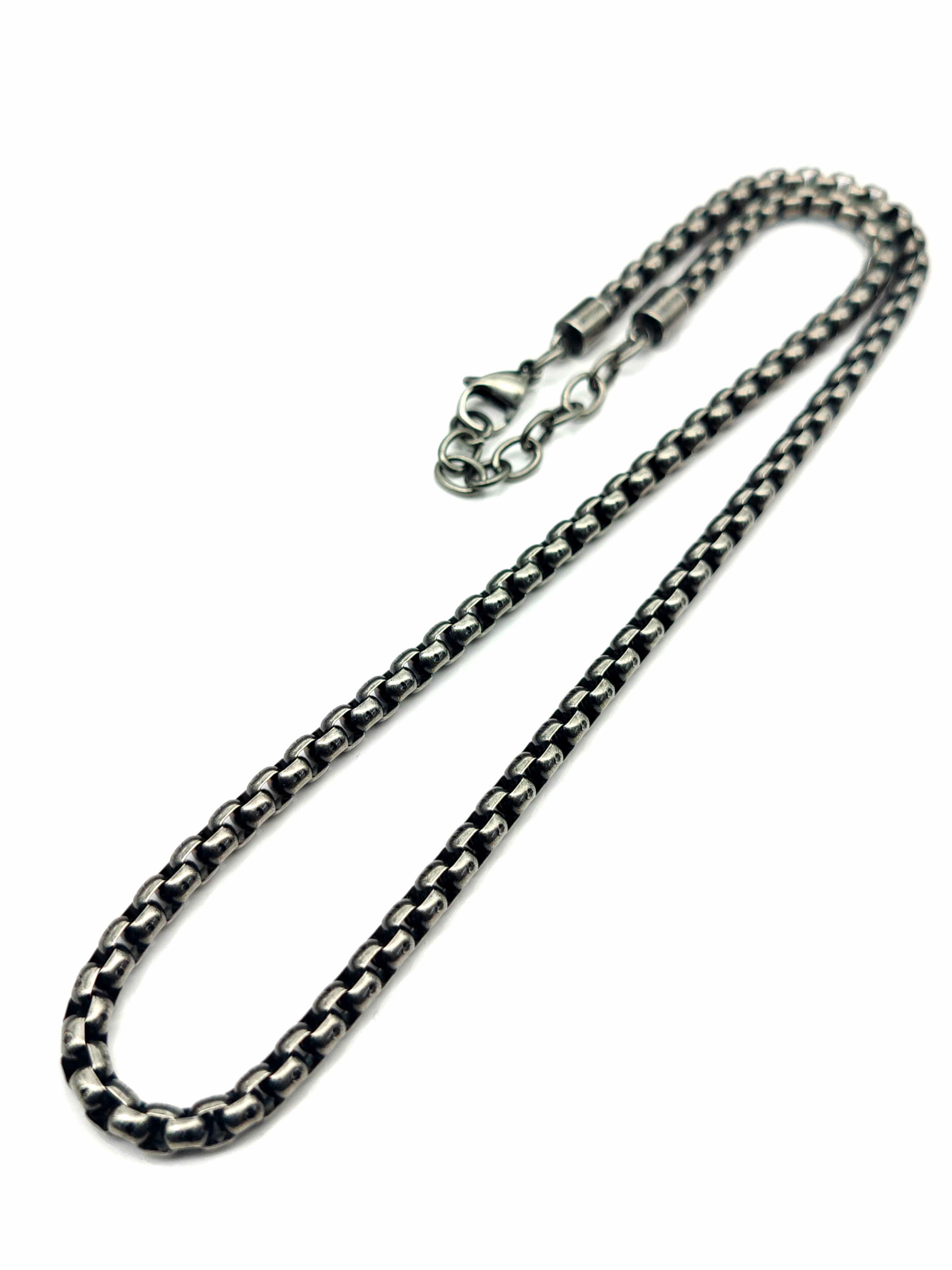 不銹鋼復古銀黑色5mm圓邊盒型鏈頸鏈（N865OXD) Stainless Steel Antique Black Silver 5mm Round Box Chain Necklace 