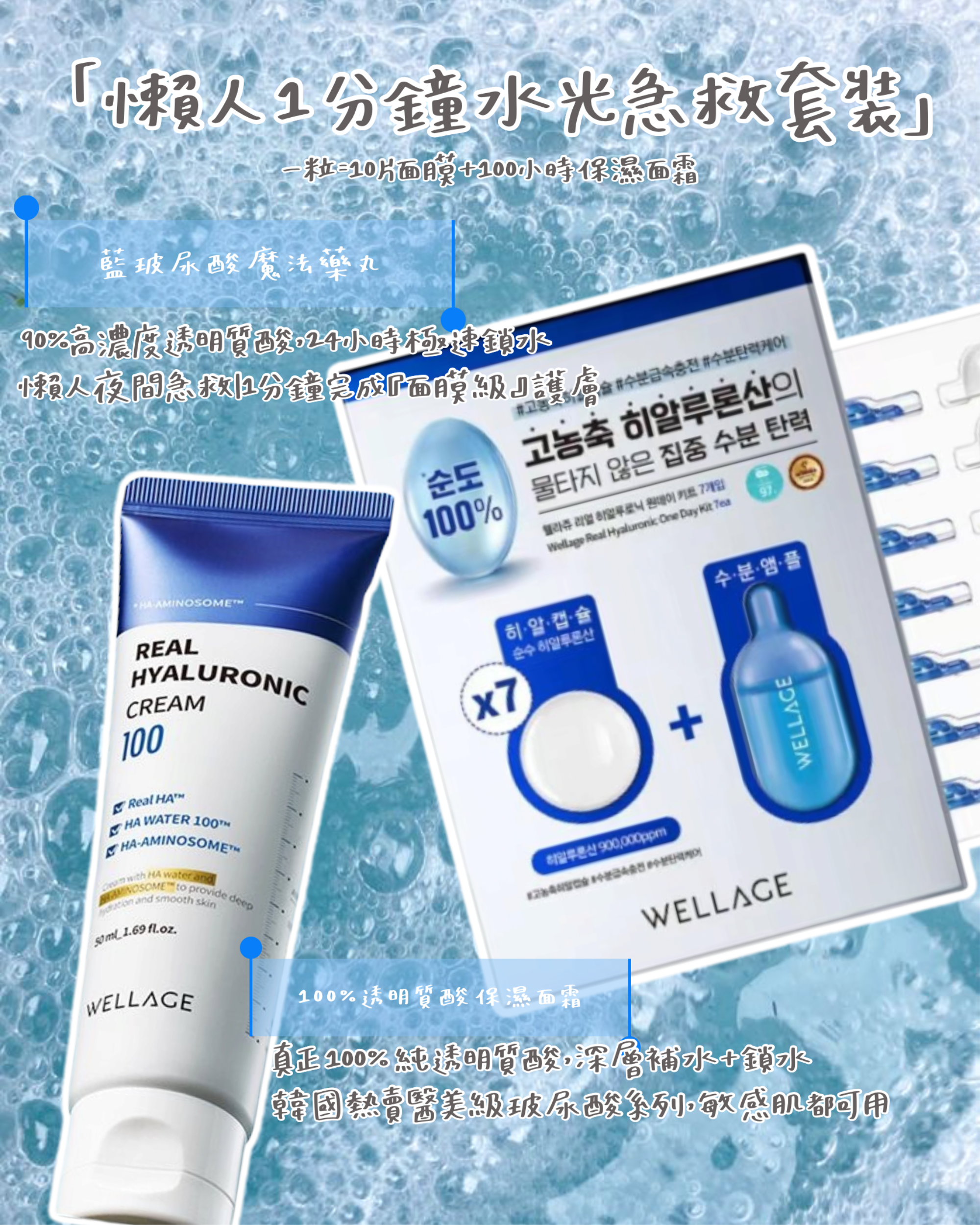 「懶人 1 分鐘水光急救套裝｜一粒=10片面膜＋100小時保濕面霜」