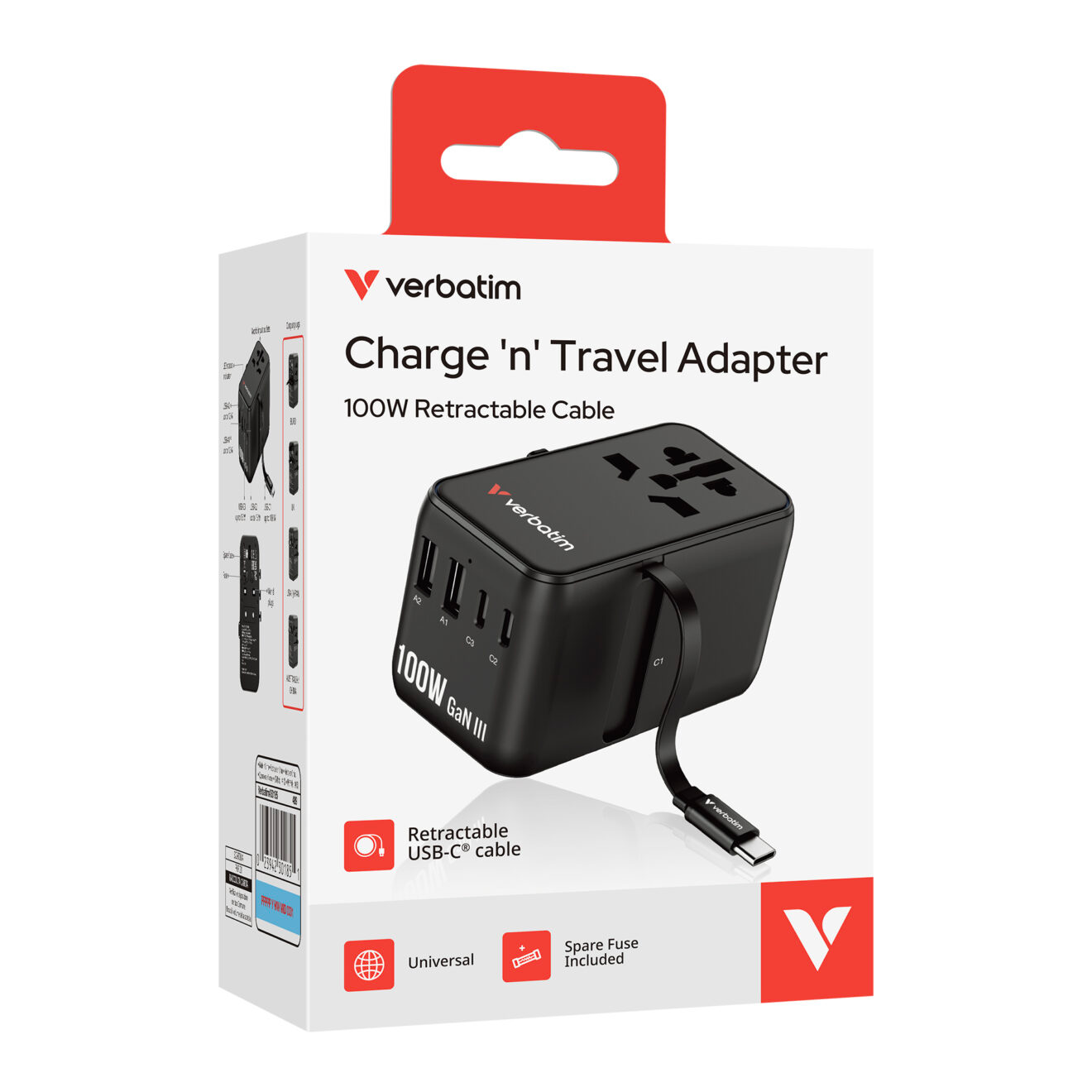 Verbatim(威寶) Charge 'n' Travel 100W 通用旅行轉插 (附USB-C可伸縮充電線) 30185
