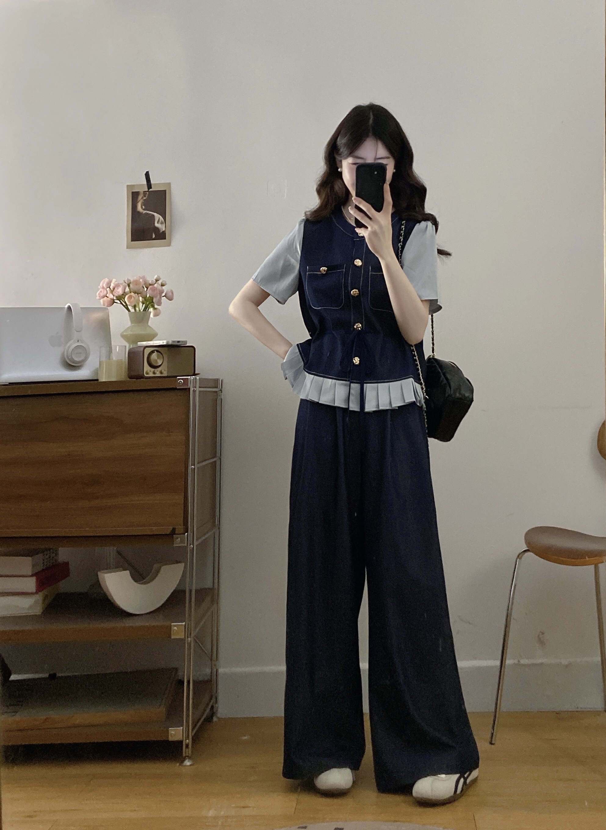 B31(3089) 韩版时尚天丝JEANS撞色袖与百褶下摆上衣与长裤蓝套装