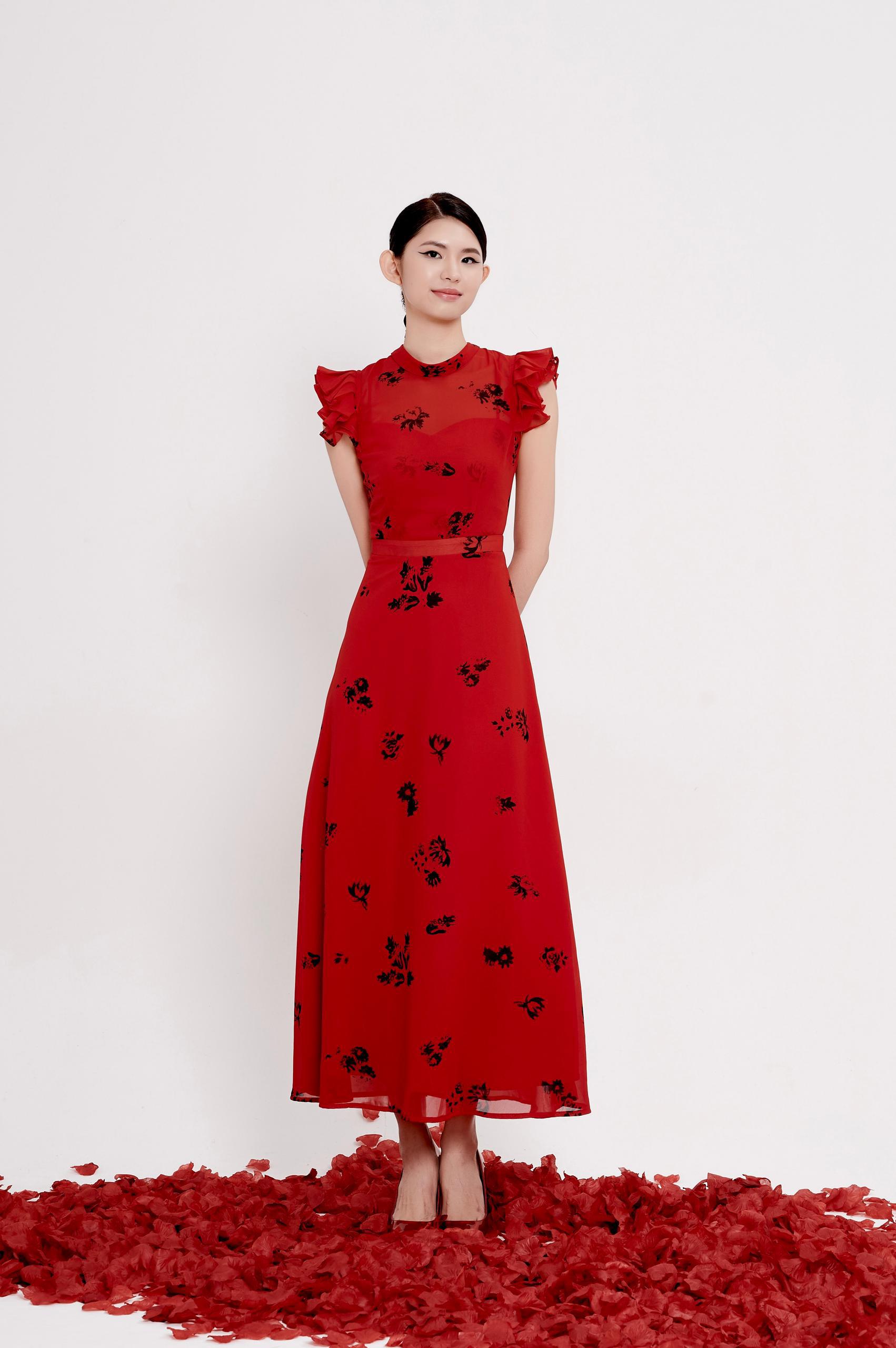 荷叶袖雪纺连身裙 2137