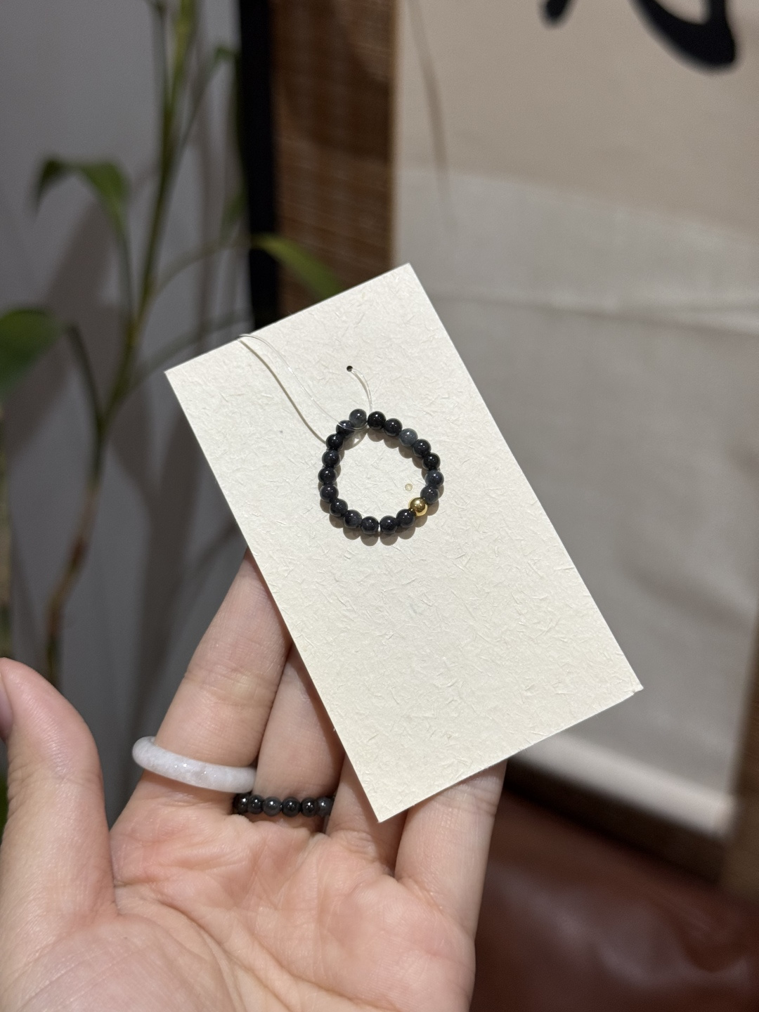 Jadeite chicken ring with silver-plated beads