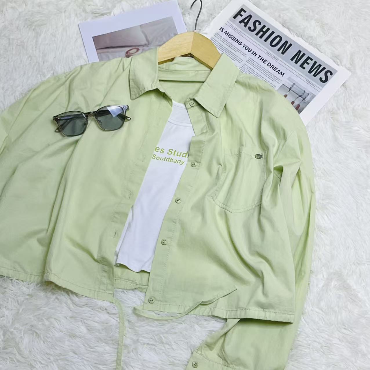 CC2002#6536 [Drawstring Crop Shirt] Korean Minimal Breeze Look