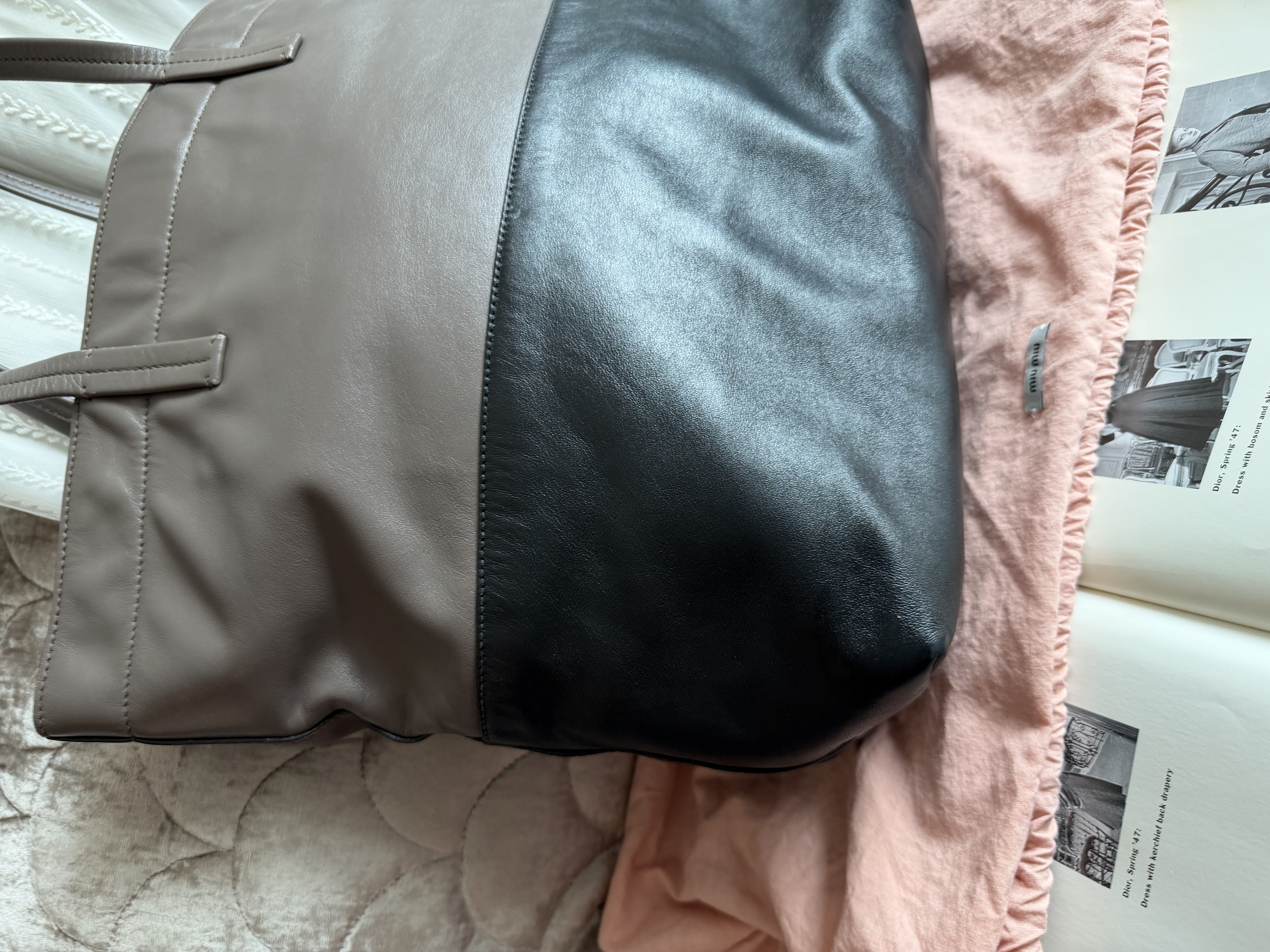 Miu miu ivy black grey leather tote bag