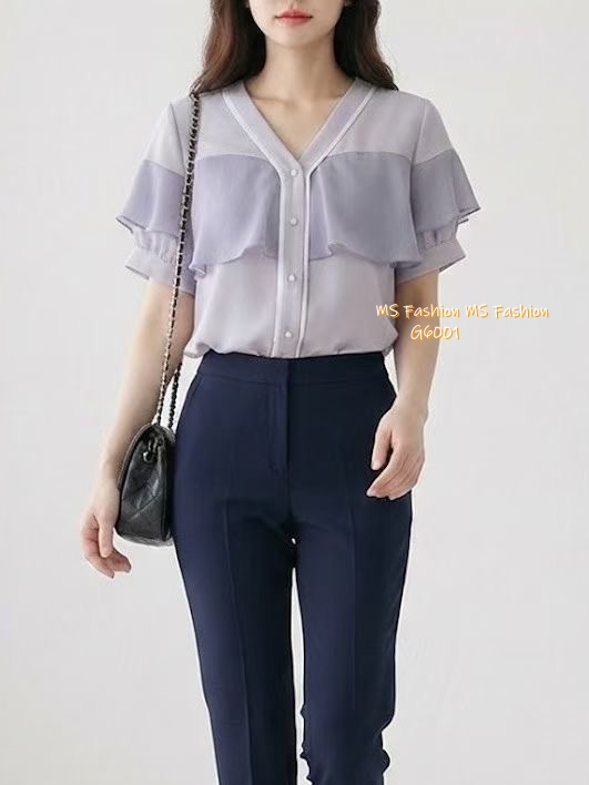 G6001 韓國🇰🇷靚料V領ruffle top