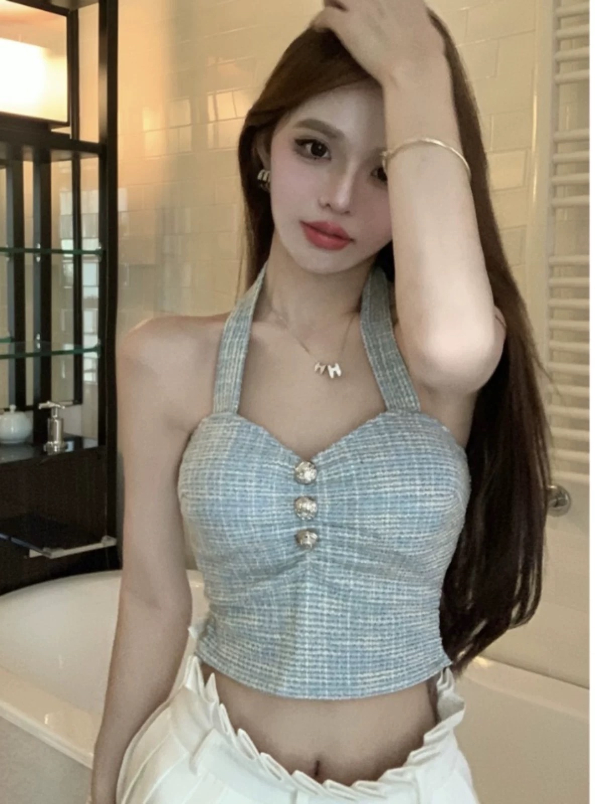 粗花露臍吊帶上衣