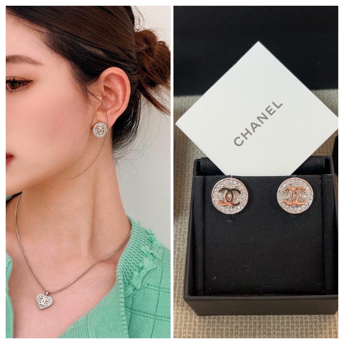 CHANEL 金色CC滿鑽耳環