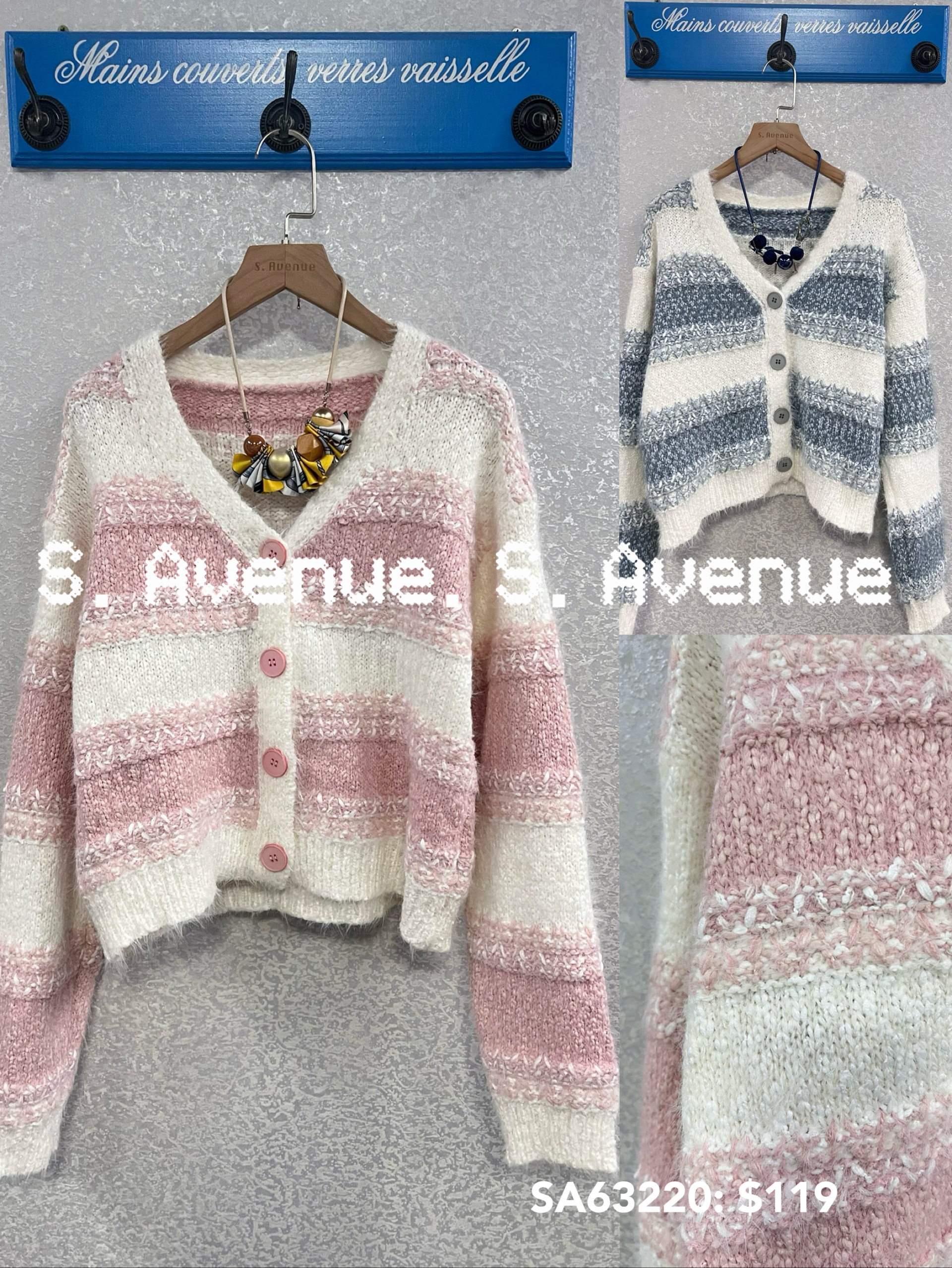 SA63220: 長袖間條有鈕毛毛冷外套