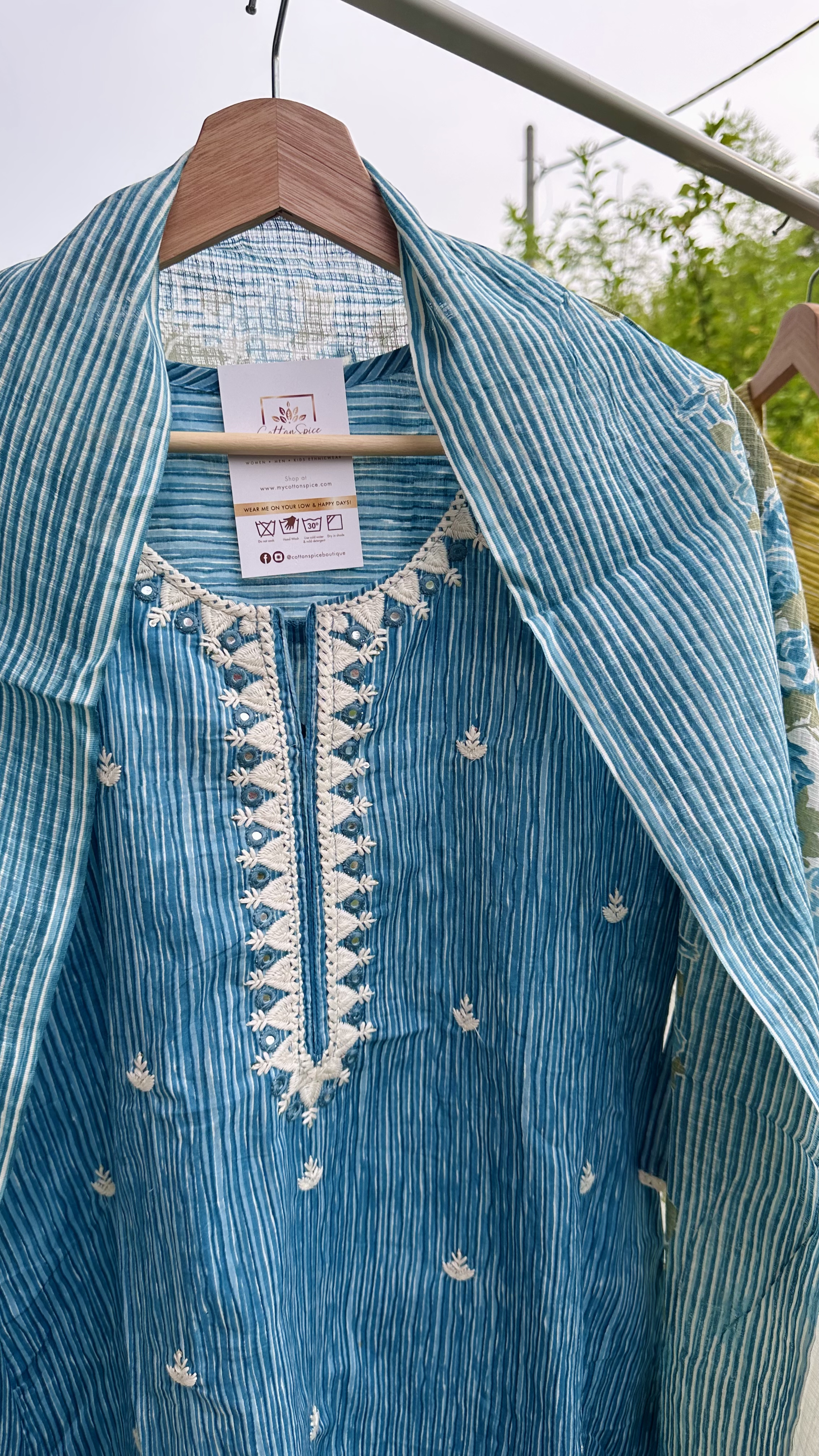 Blue Striped Embroidered Kurta Set