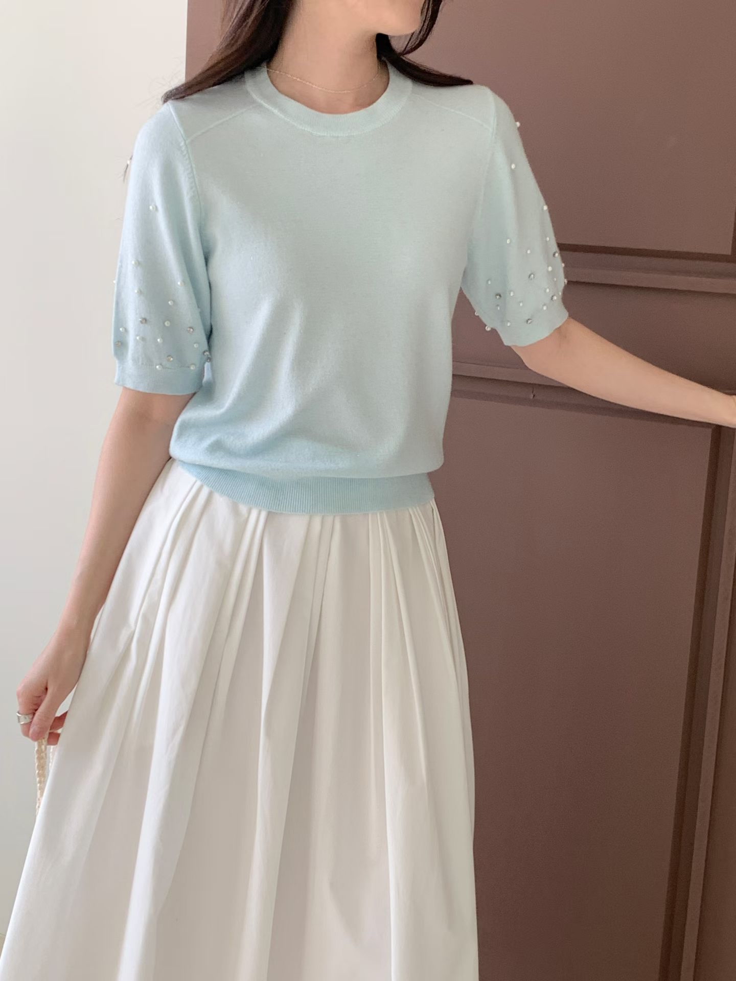 CT4 珍珠袖針織Top