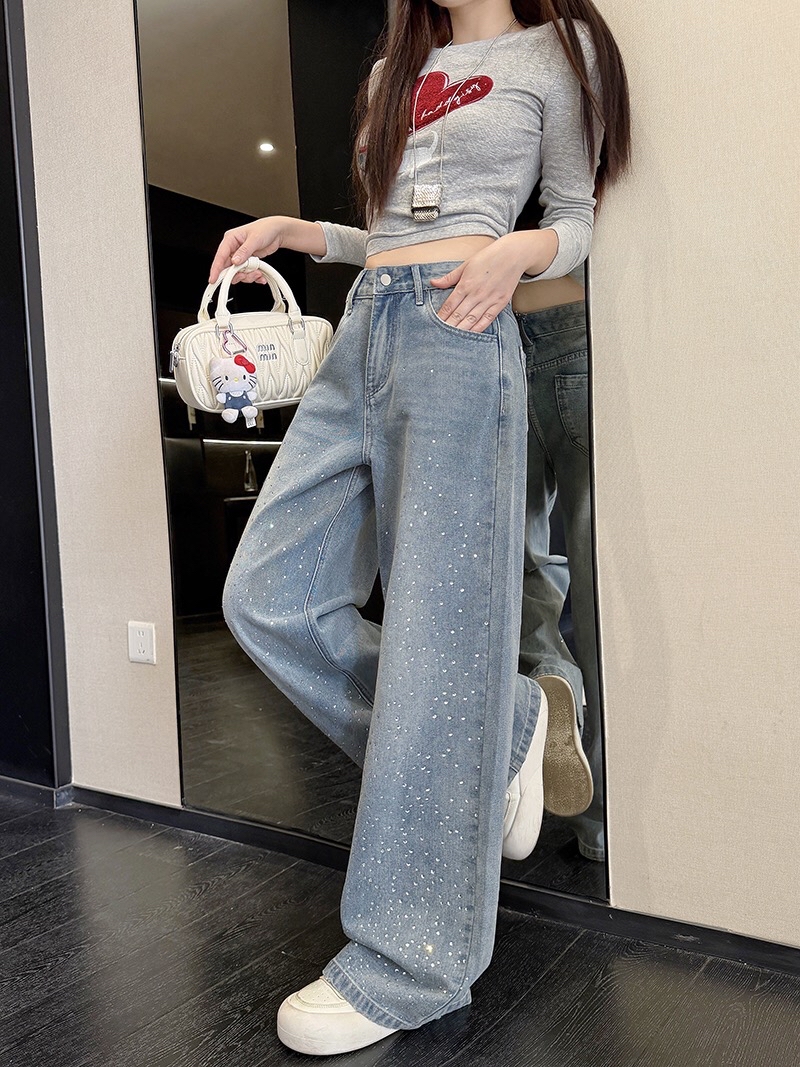 B109(30822) 韩版时尚JEANS重工烫钻高腰蓝阔腿长裤 