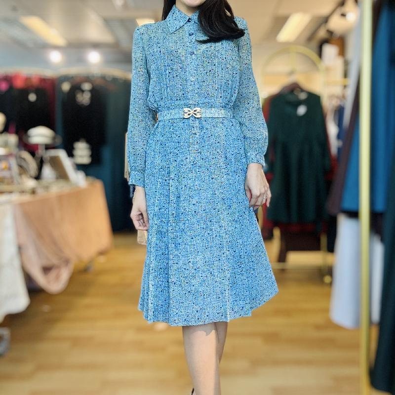 Vintage C.a. 1970s Abstract Pattern Sky Blue Shirtdress with Belt (MT2260-6)