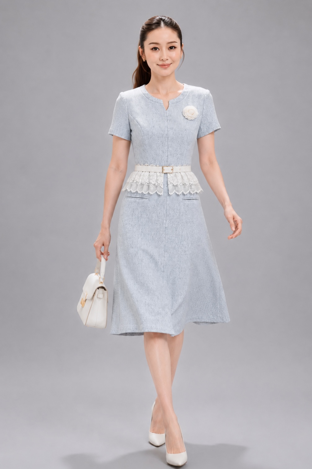 26623-1 Celeste Lace Peplum Belted Midi Dress