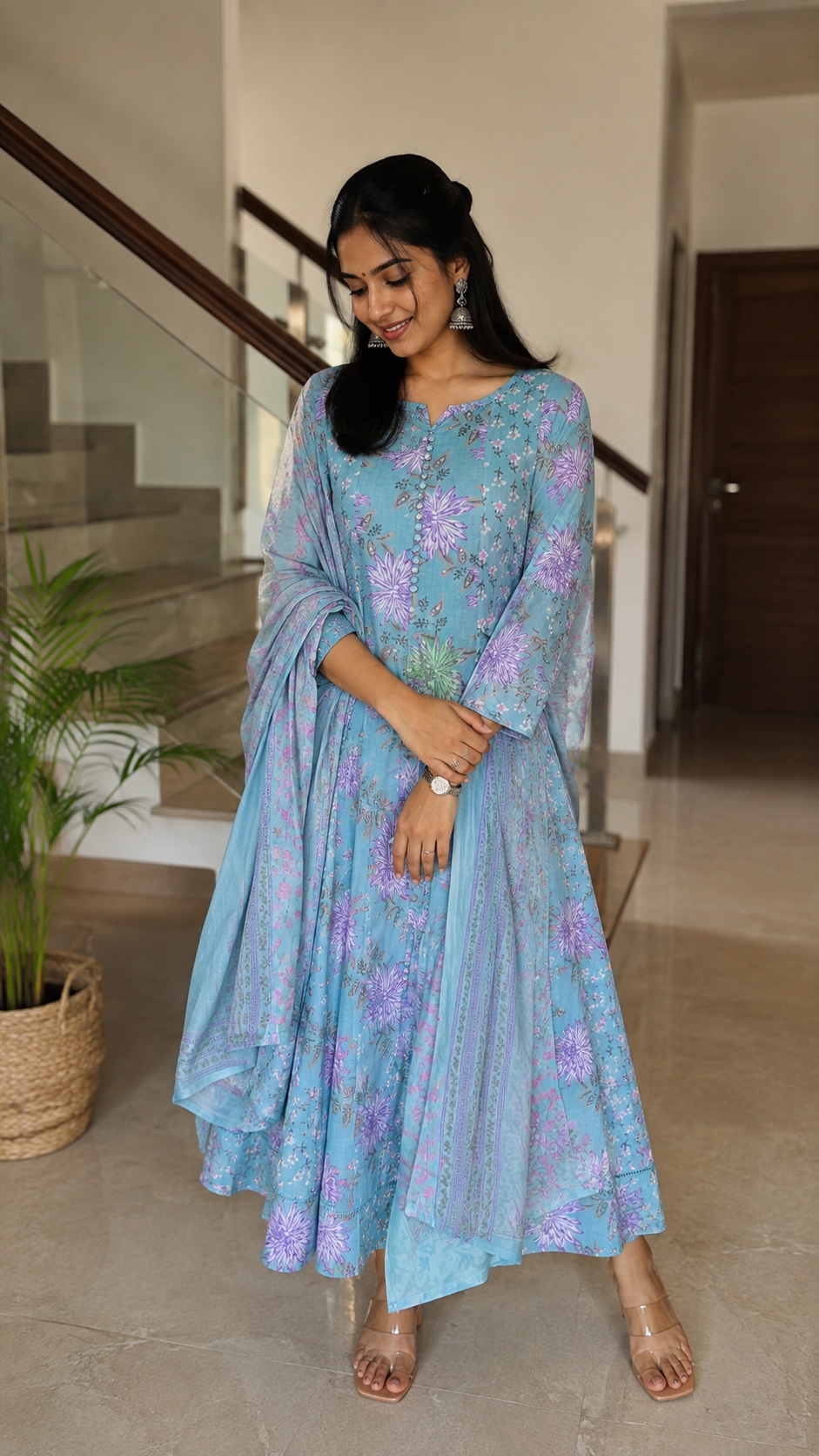 Blue Purple flower Anarkali Kurta Set