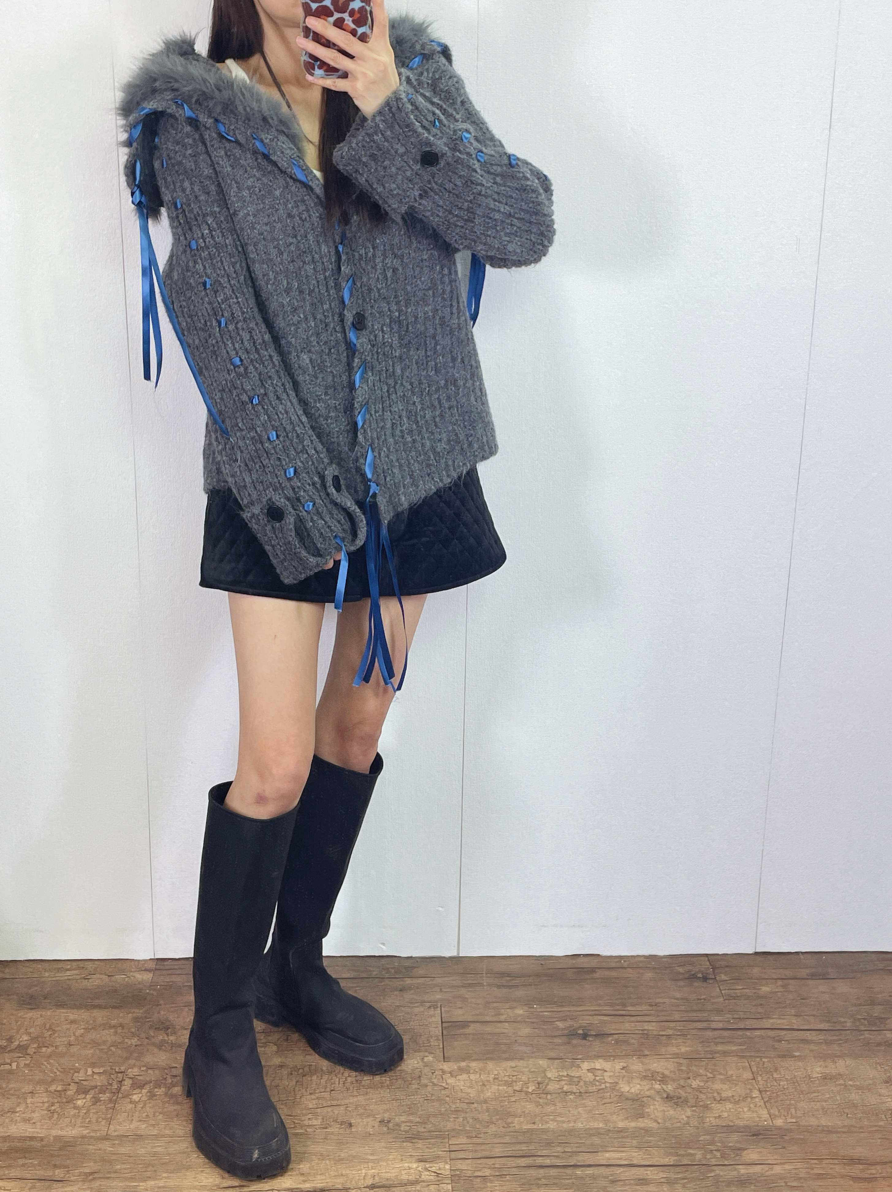 K5531 毛毛領拼絲帶針織外套