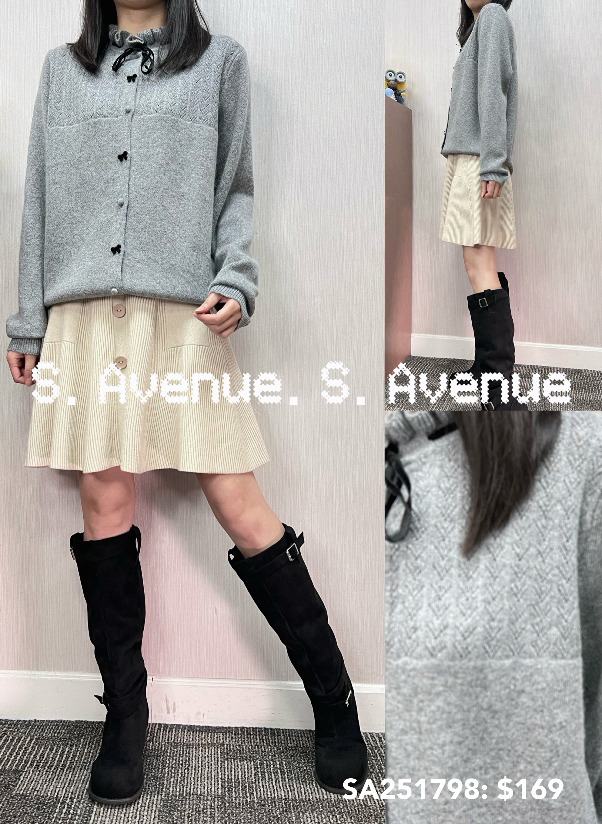 SA251798: 長袖兩著波浪邊領綁帶蝴蝶鈕top