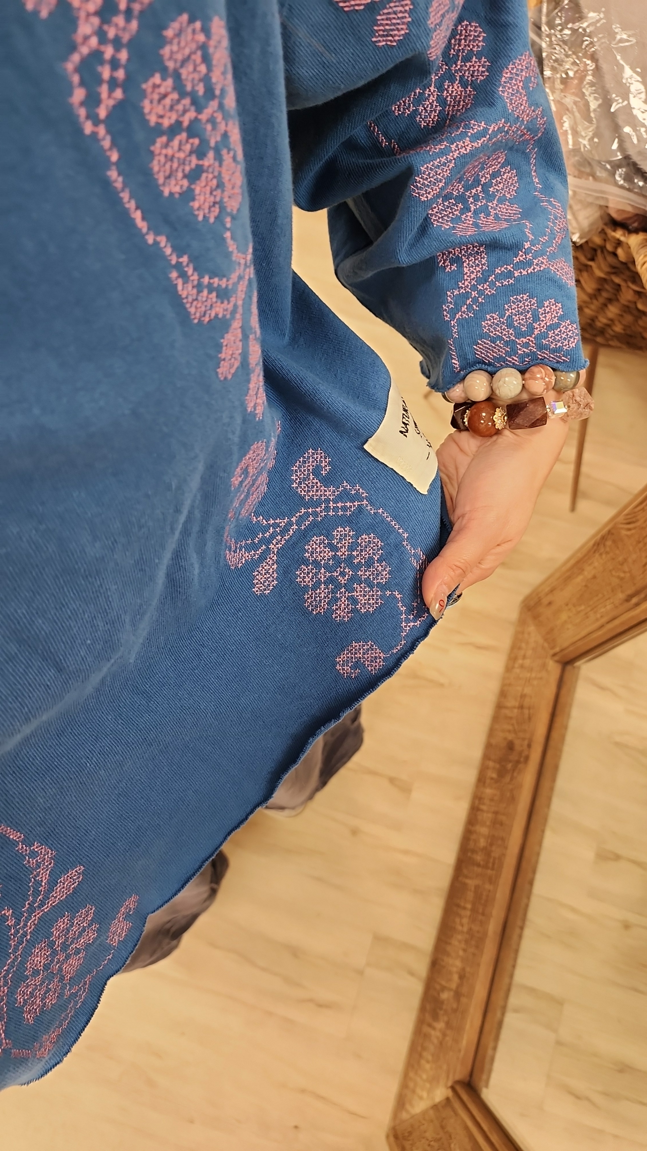 韓國藍色拼十字刺繡花棉Tee