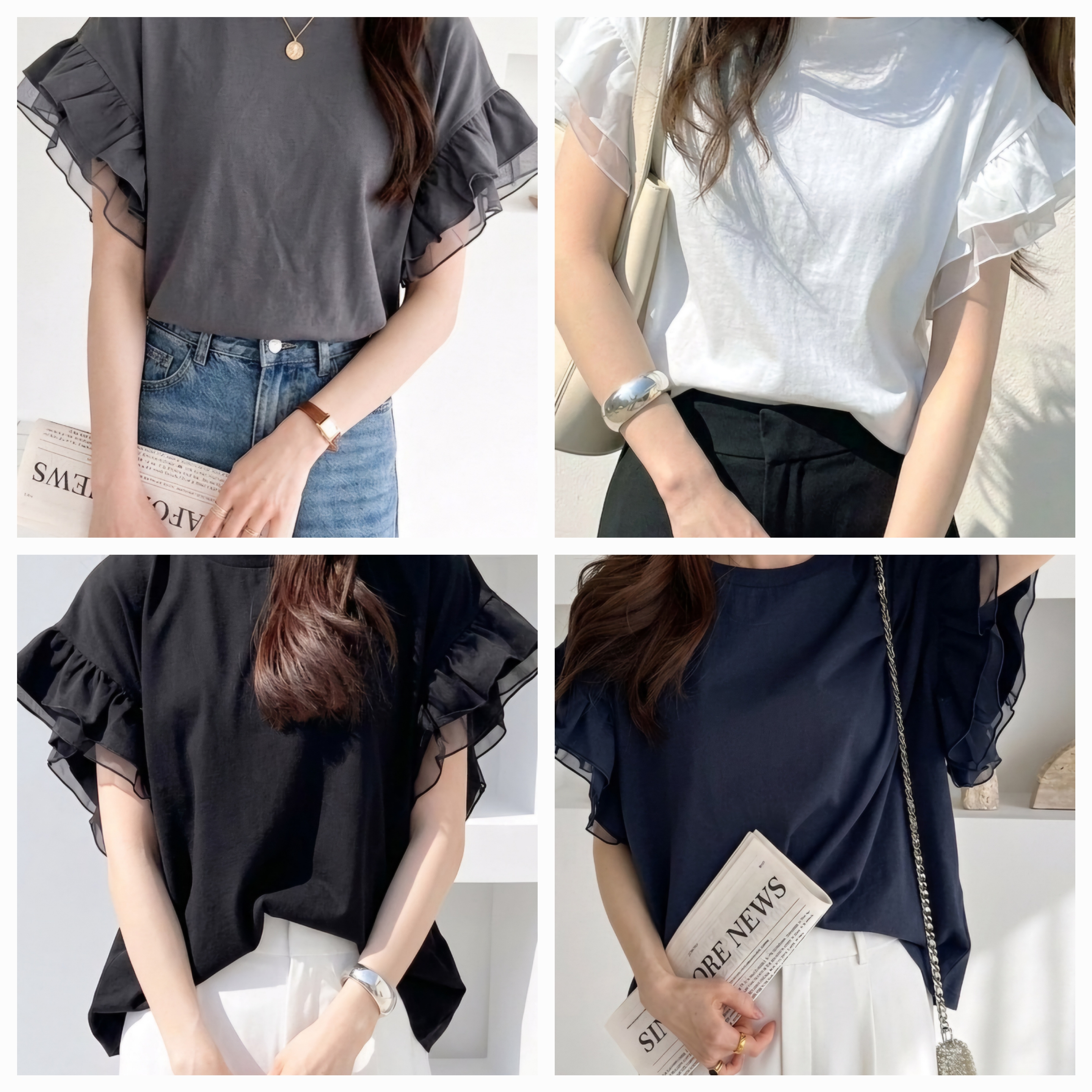 【✨️日本🇯🇵 pre-order 荷葉袖100%純棉Tee✨️】 【共4色 | M/L/XL | 深灰 / 米白 / 黑色 / 海軍藍】