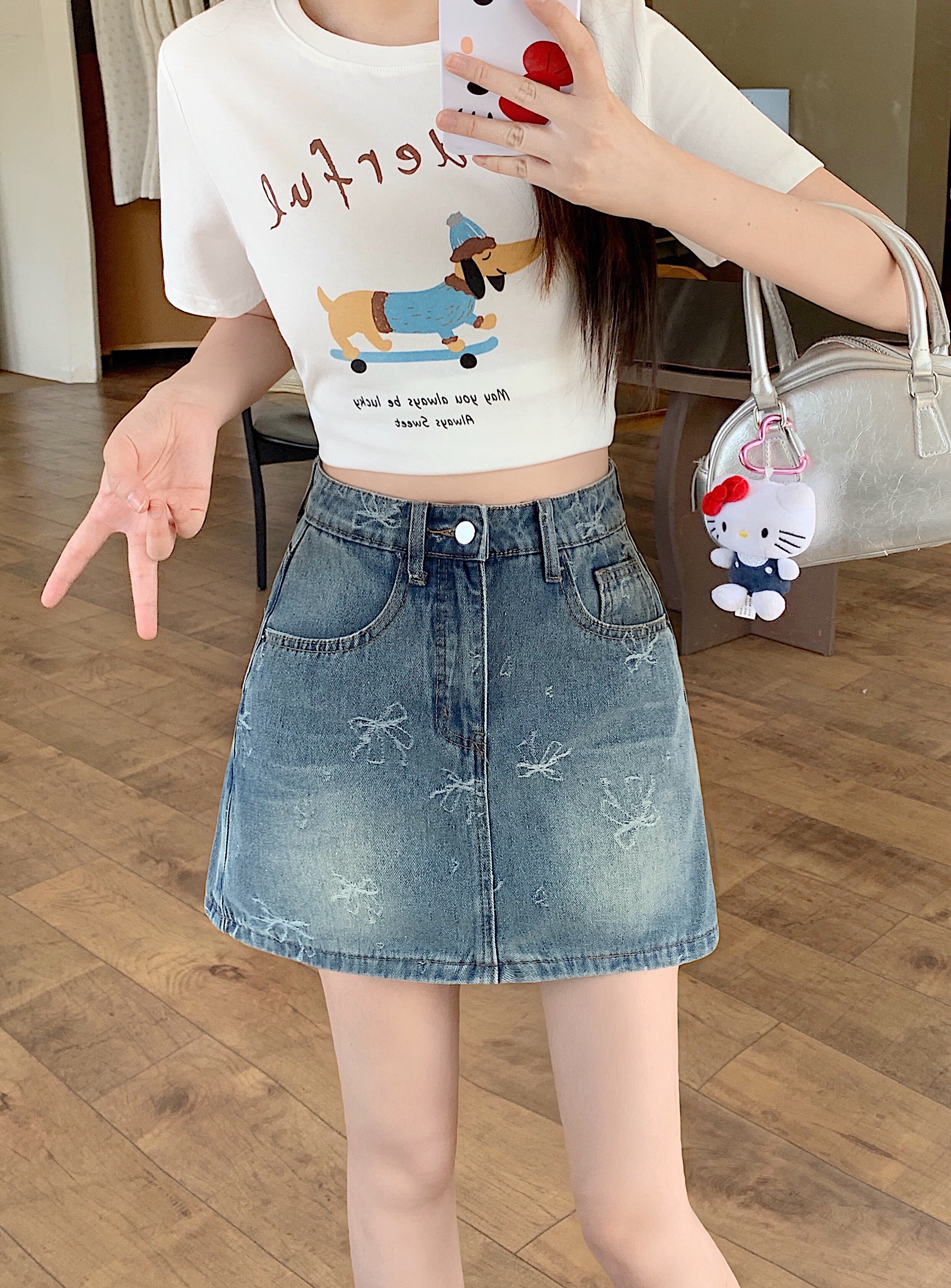 B446(66130) 韩系JEANS甜美风蝴蝶结印花设计感蓝前裙后裤