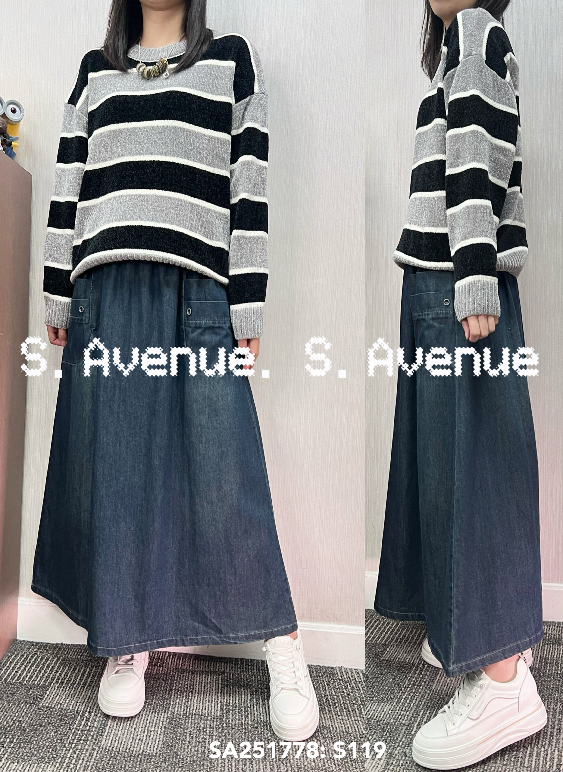 SA251778: 長袖滑絨冷間條top