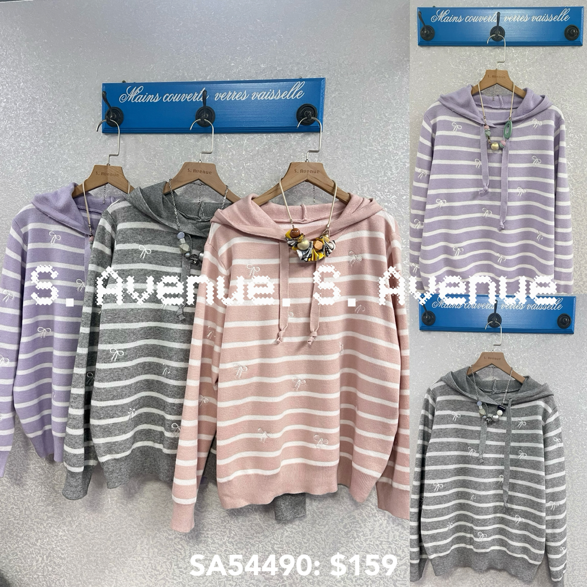 SA54490: 長袖有帽間條繡蝴蝶結冷top