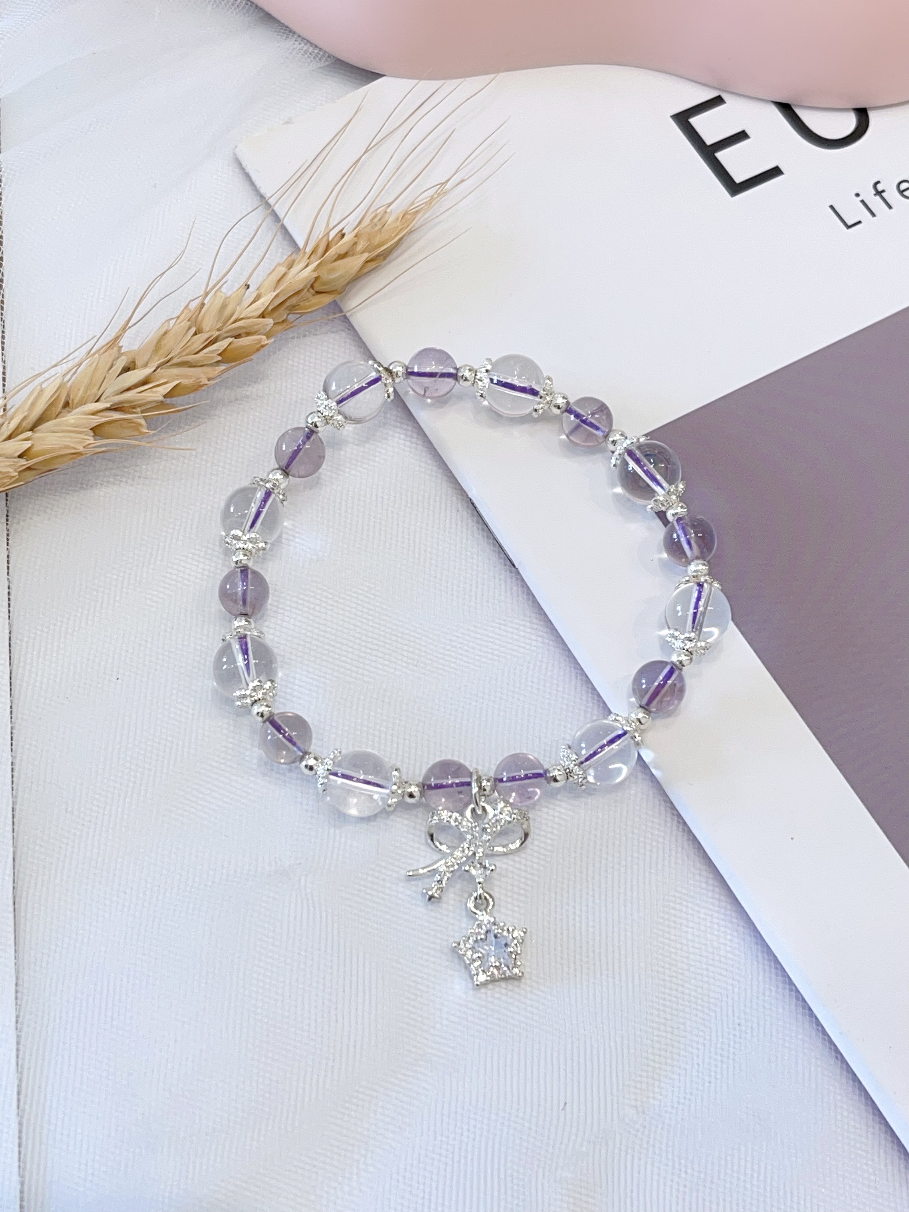 紫水晶 × 海蓝宝 × 白水晶  Amethyst & Aquamarine & Clear Quartz Star Charm Bracelet｜星空守护