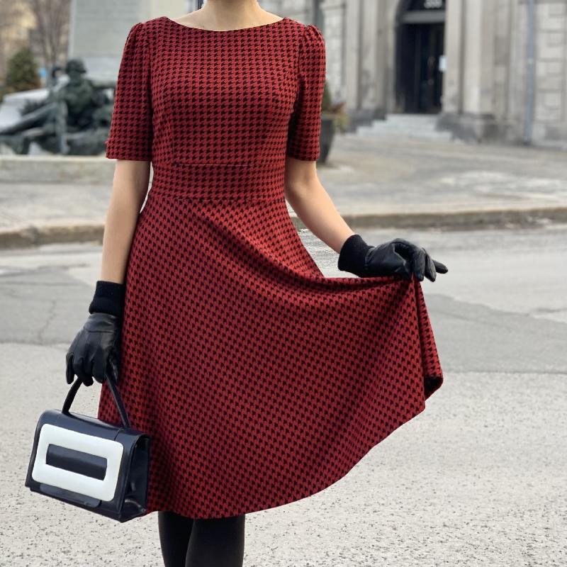 (SOLD OUT)The Parisian Swing Dress - Red x Black Houndstooth Pattern(FM155)