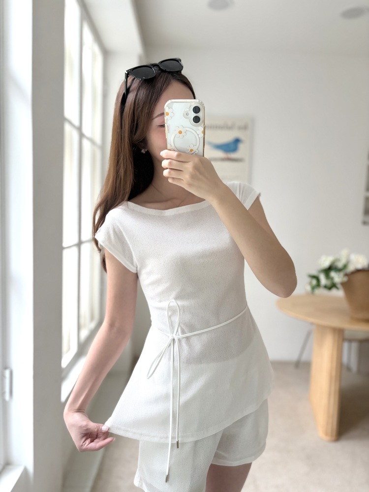 Elysian Boat Neck Belted Set (White)