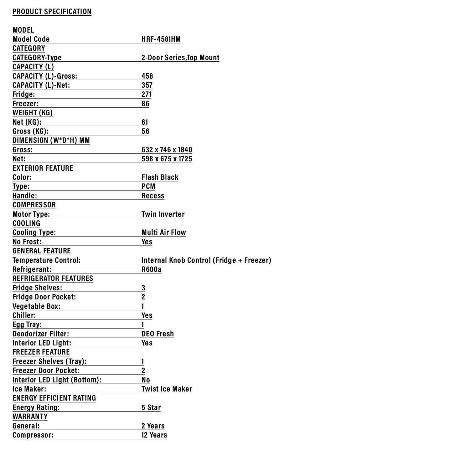 Haier 458L Inverter 2-Door Refrigerator (HRF-458IHM)