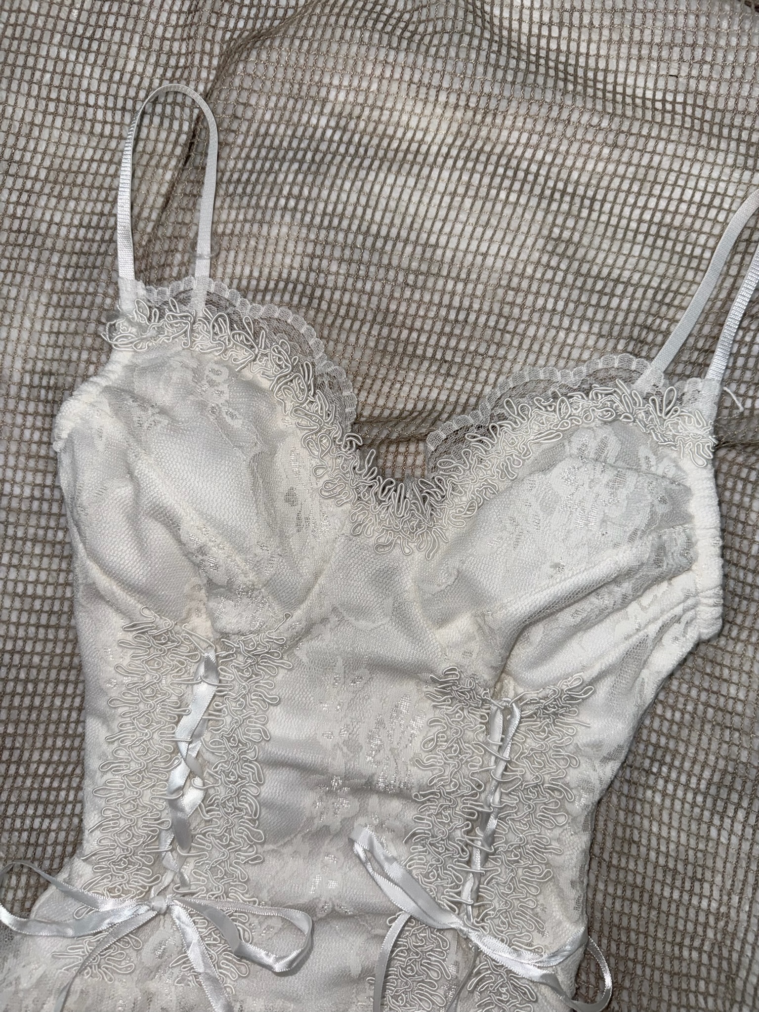 Angelcore White Floral Lace Corset Top with Ribbons