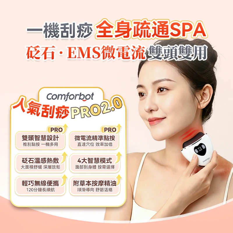 Comforbot 雙頭微電流砭石熱敷震動推刮點按全身多部位祛濕通絡刮痧板PRO 2.0(訂貨4-7天)