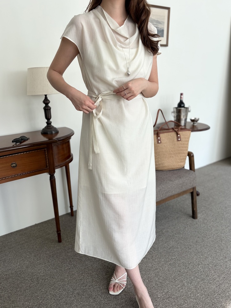 Draped Neck Dress with Inner Slip (Cream)