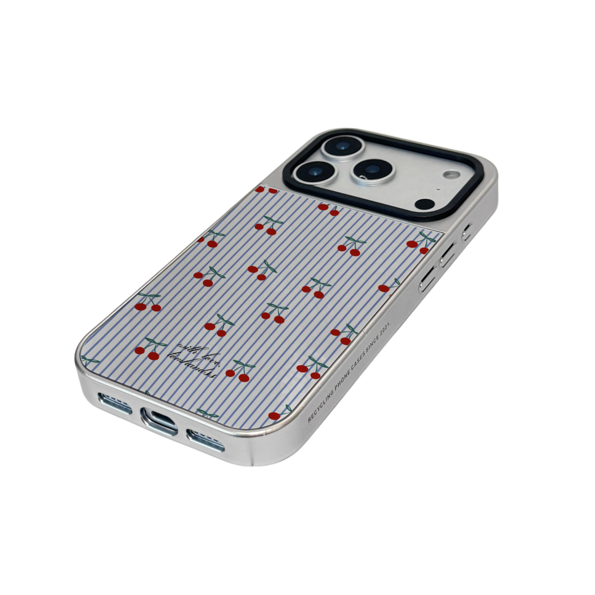 【Cherries in blue stripe】銀框鏡面MagSafe iPhone Case
