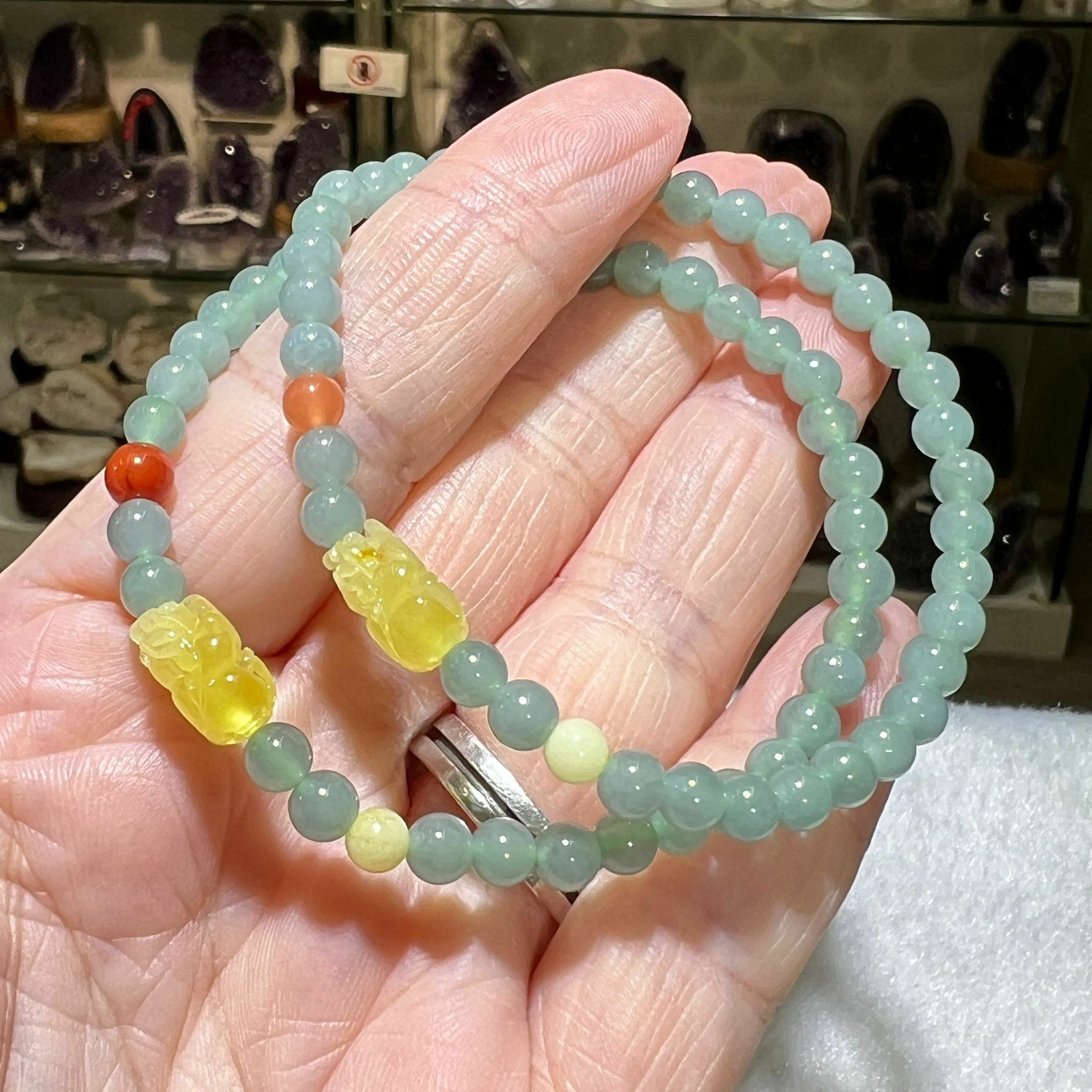 天然翡翠配蜜蠟貔貅手串 4.5mm +/-