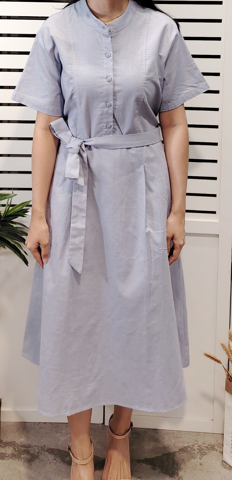 H5423 Cotton Linen Dress Half Button 