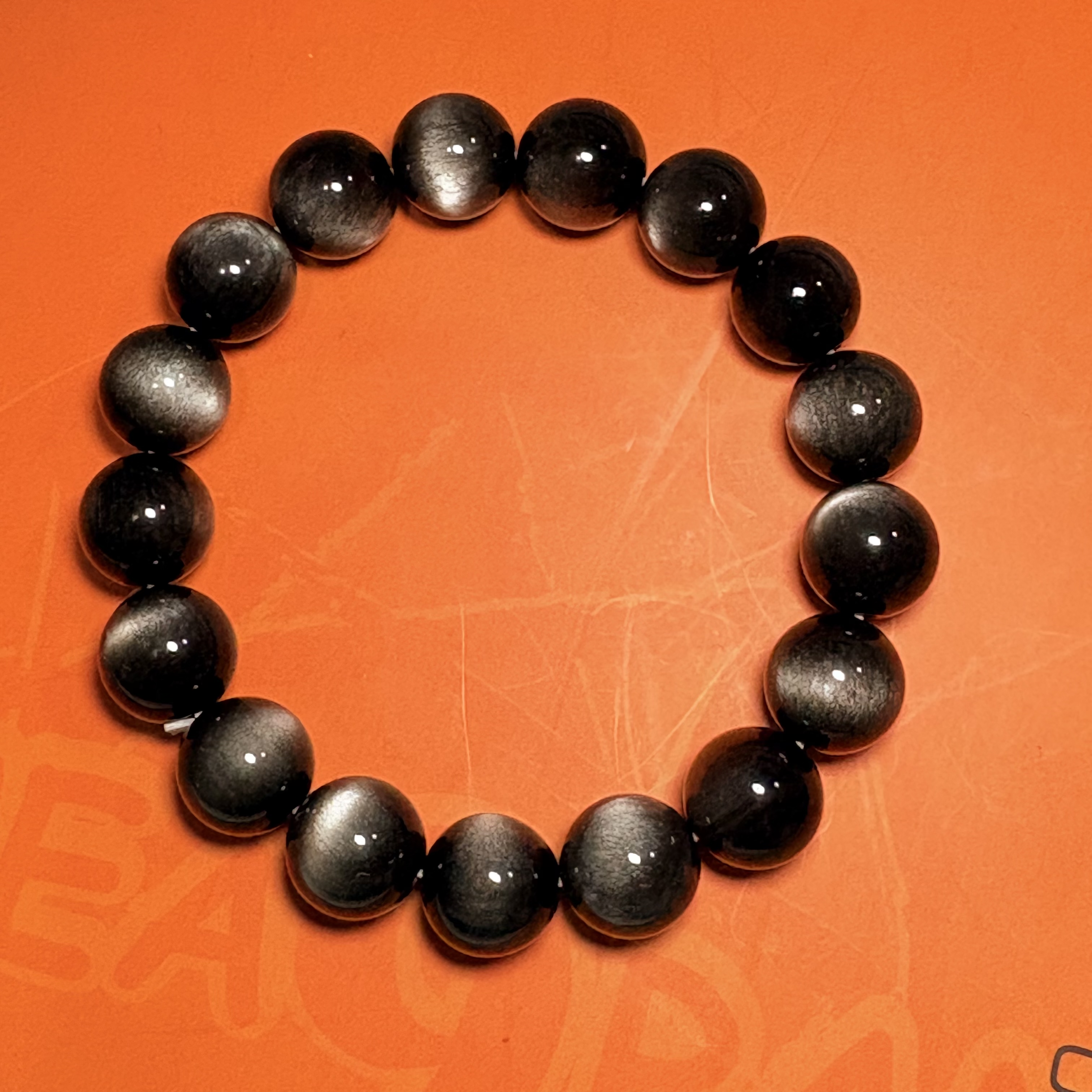 銀黑曜石手串No.4591丨精品貓眼級✨丨12mm珠16.5-17cm手圍