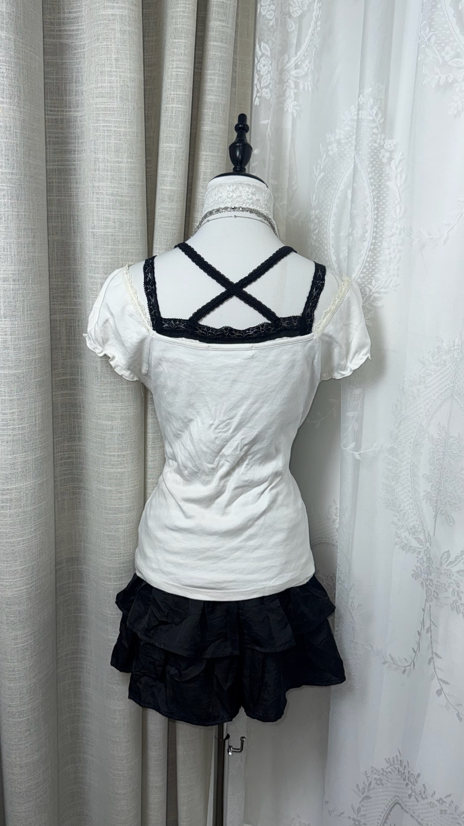 Coquette Style Dark Himekaji Elegant Contrast Puff-sleeve Set