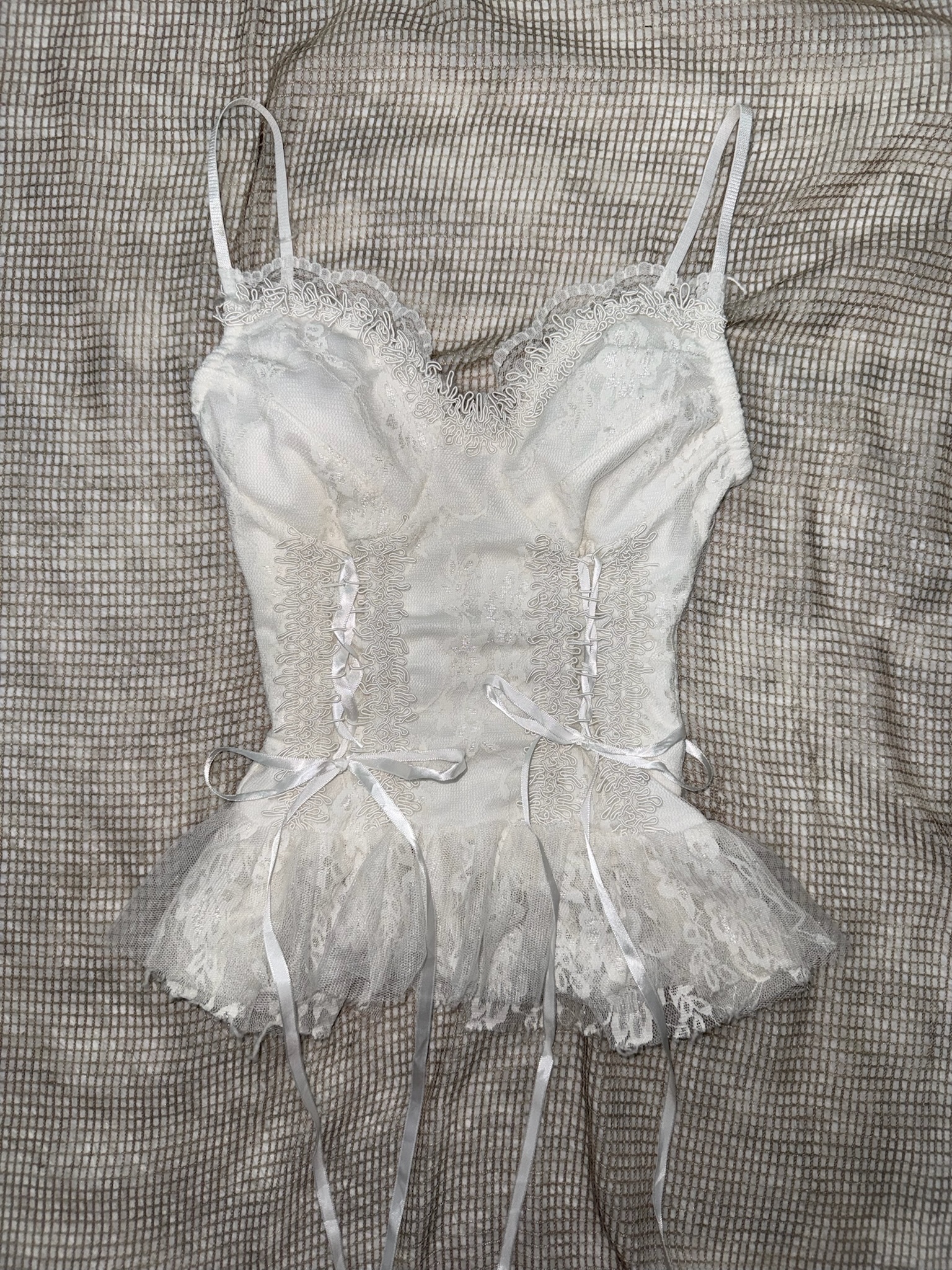 Angelcore White Floral Lace Corset Top with Ribbons
