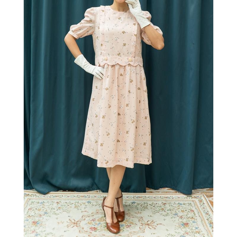 C.a. 1980s Japanese Ralph Baker Pale Pink Scattered Floral Pattern Faux Twin Set Dress (MT1608-67)