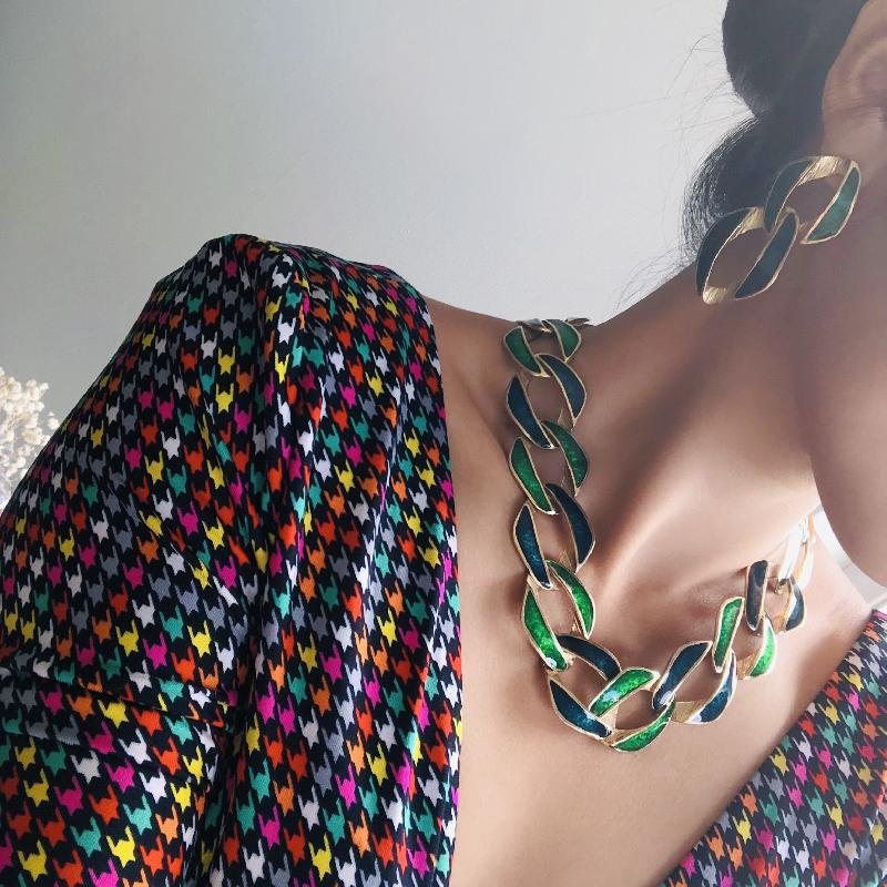 C.a. 1980s Designer StyleTwo Tone Green Enamel Statement Necklace and Pierce Earrings Set(MT1851-3)