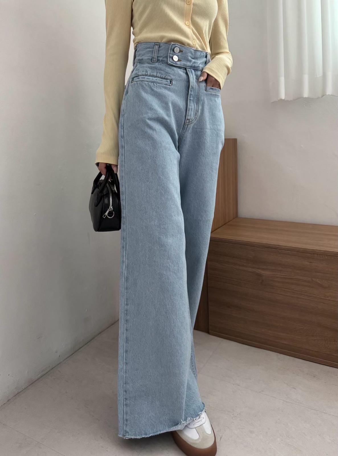側扣高腰牛仔褲