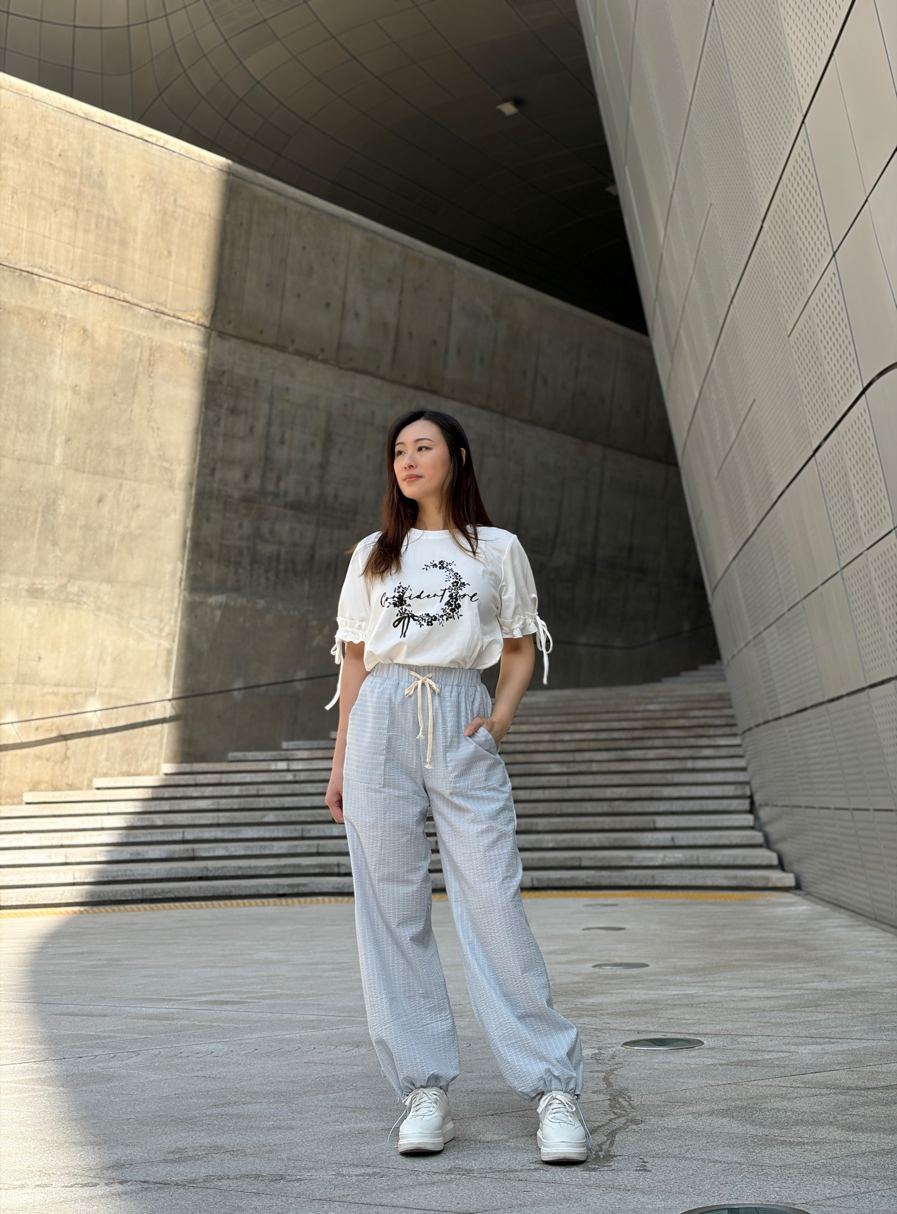 泡泡紗條子紋束腳褲