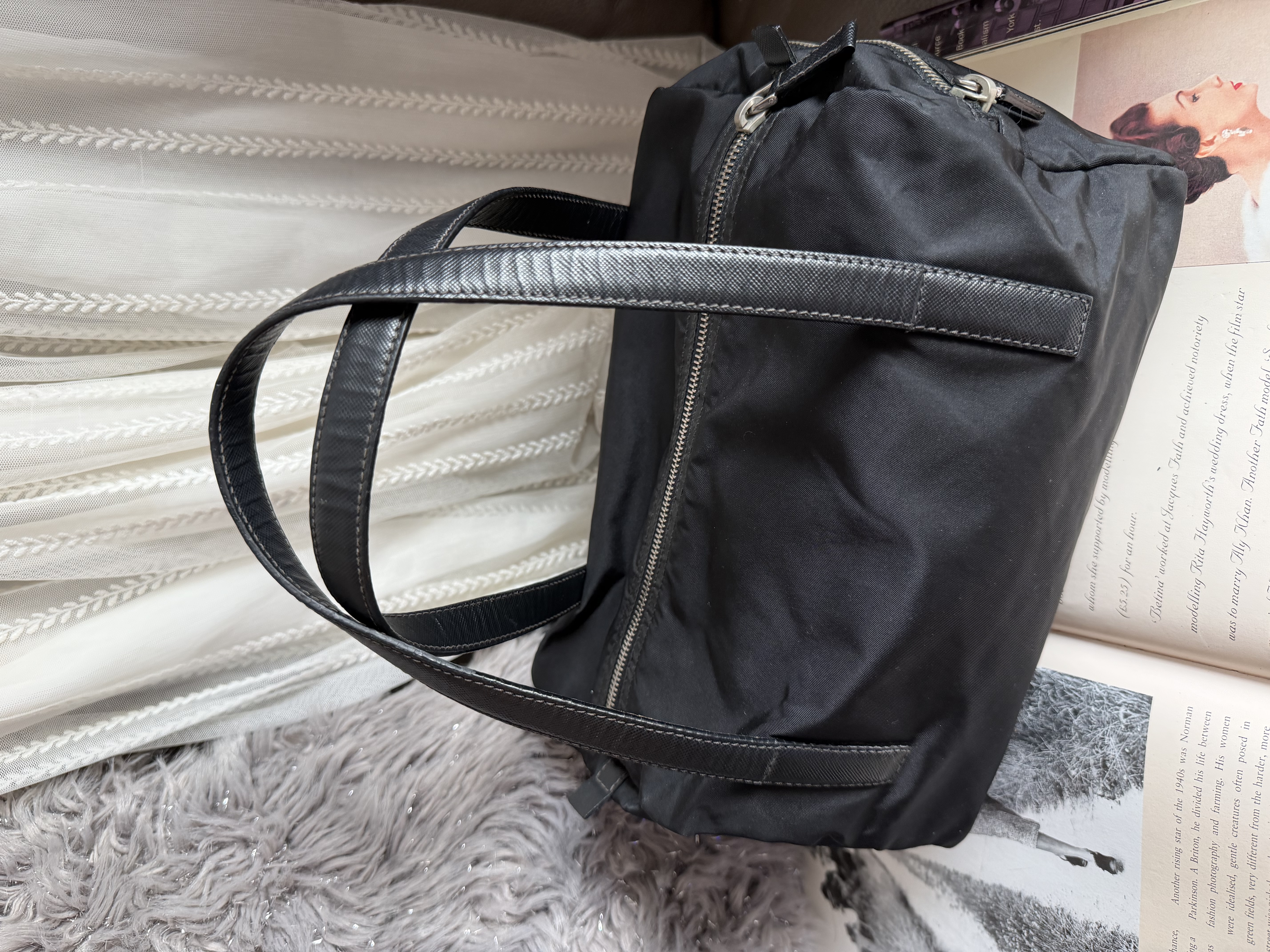 Prada black nylon / leather shoulder tote bag