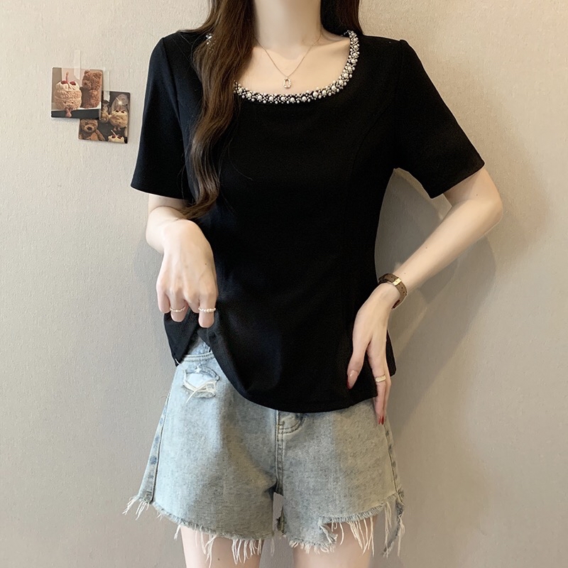 B224(36615) 韩系重工钉珠U领暗鱼骨纹4色上衣